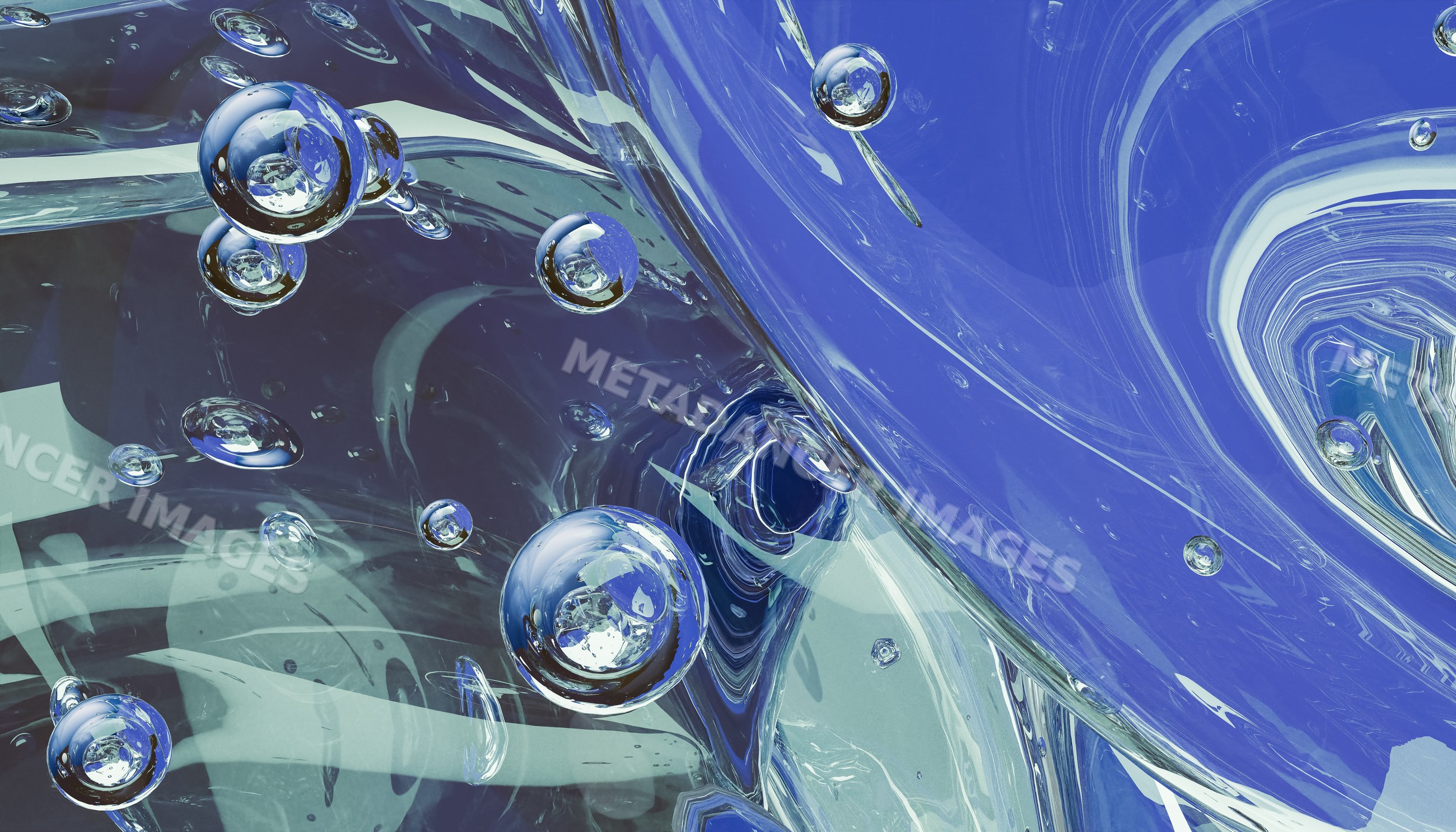 Abstract digital illustration of blue reflective liquid bubbles