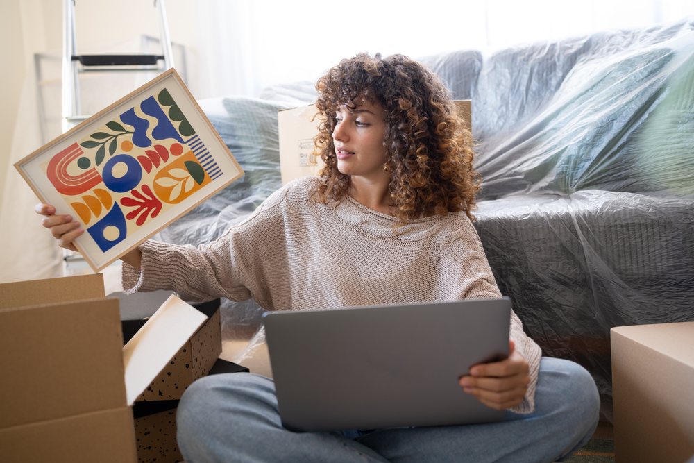 White woman holding artwork and laptop surrounded by moving boxes