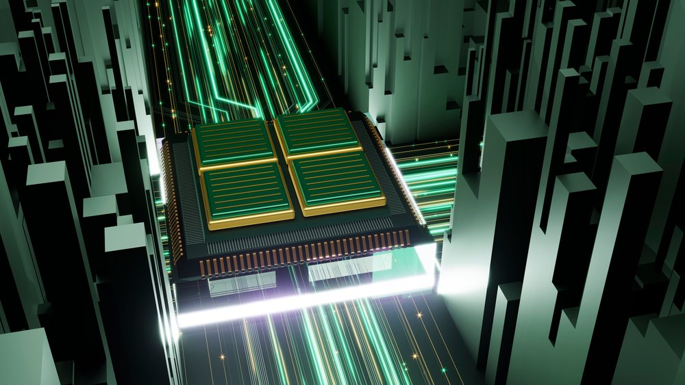 Microchip integrated circuit with glowing data lines