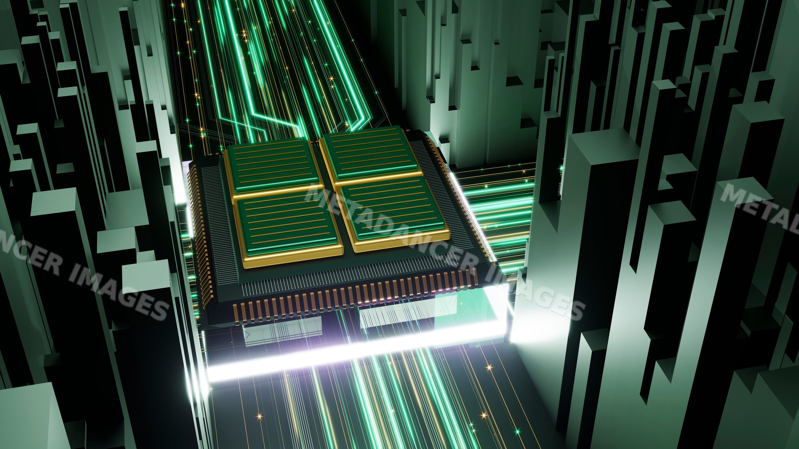 Microchip integrated circuit with glowing data lines