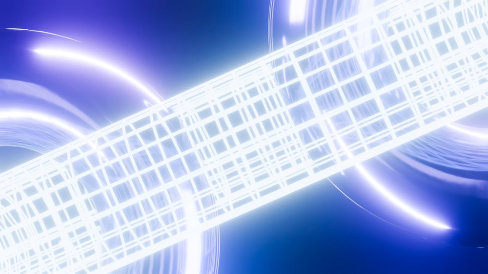 Glowing white grid with spherical light orbs on blue background