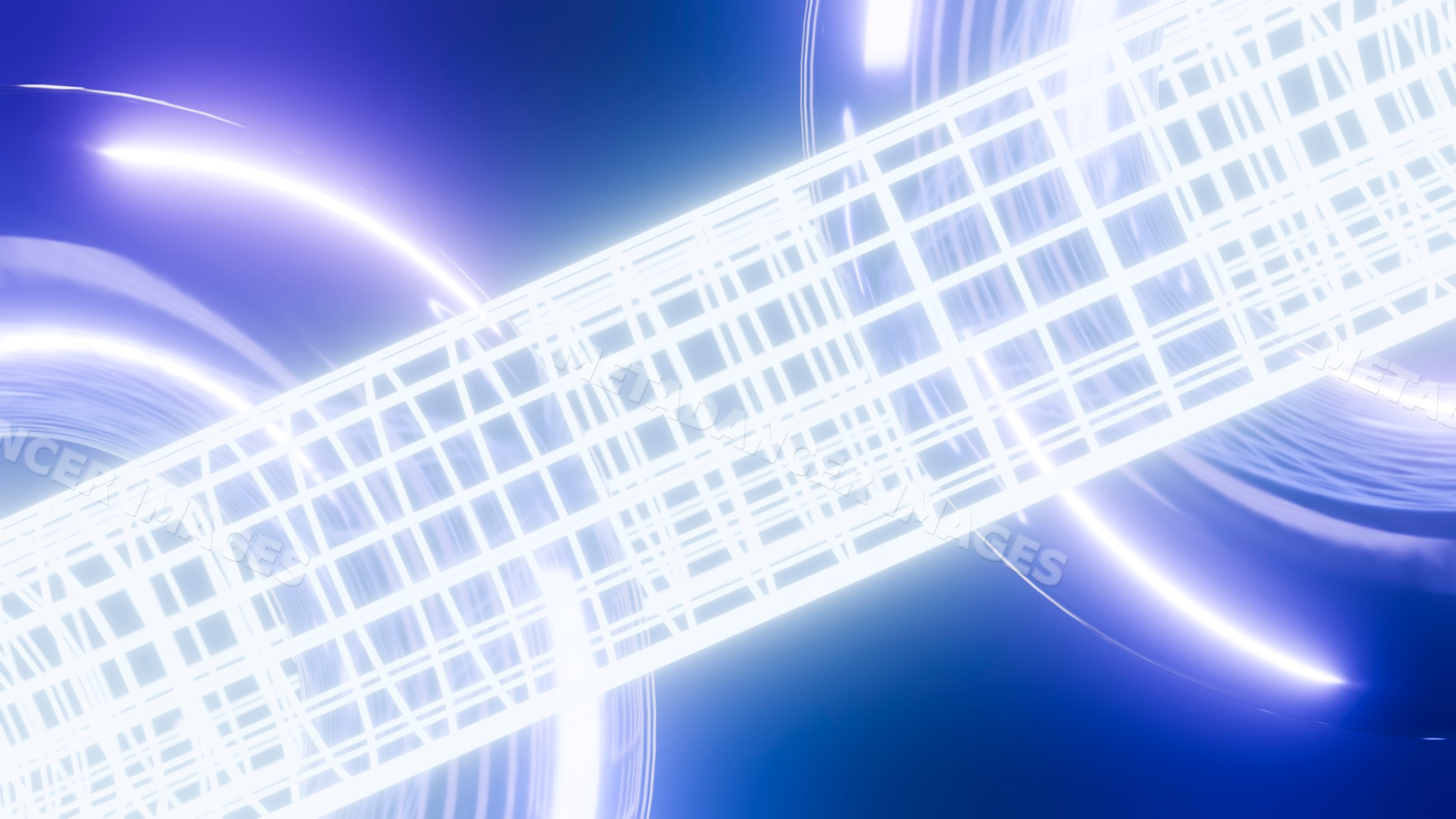 Glowing white grid with spherical light orbs on blue background