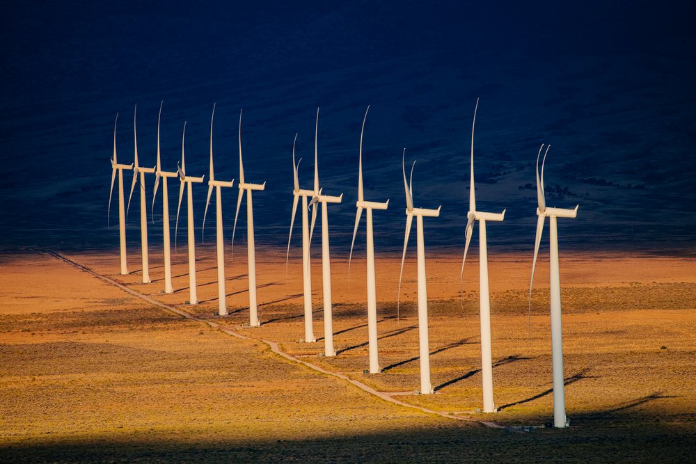 Wind turbines generating renewable energy in Nevada desert