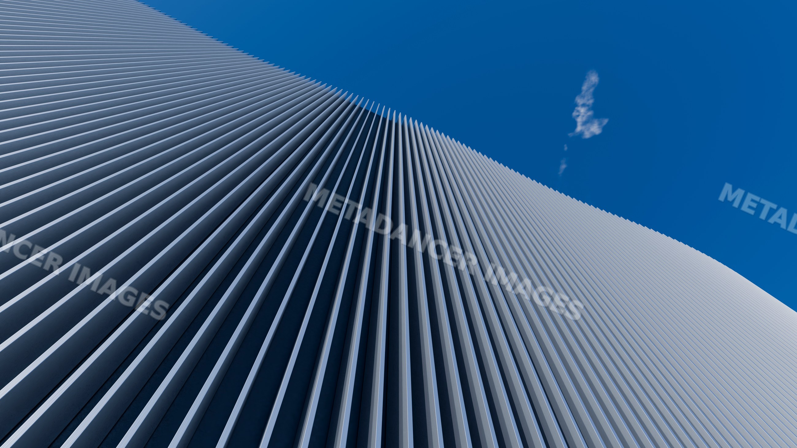 Modern building facade with vertical concrete lines and blue sky