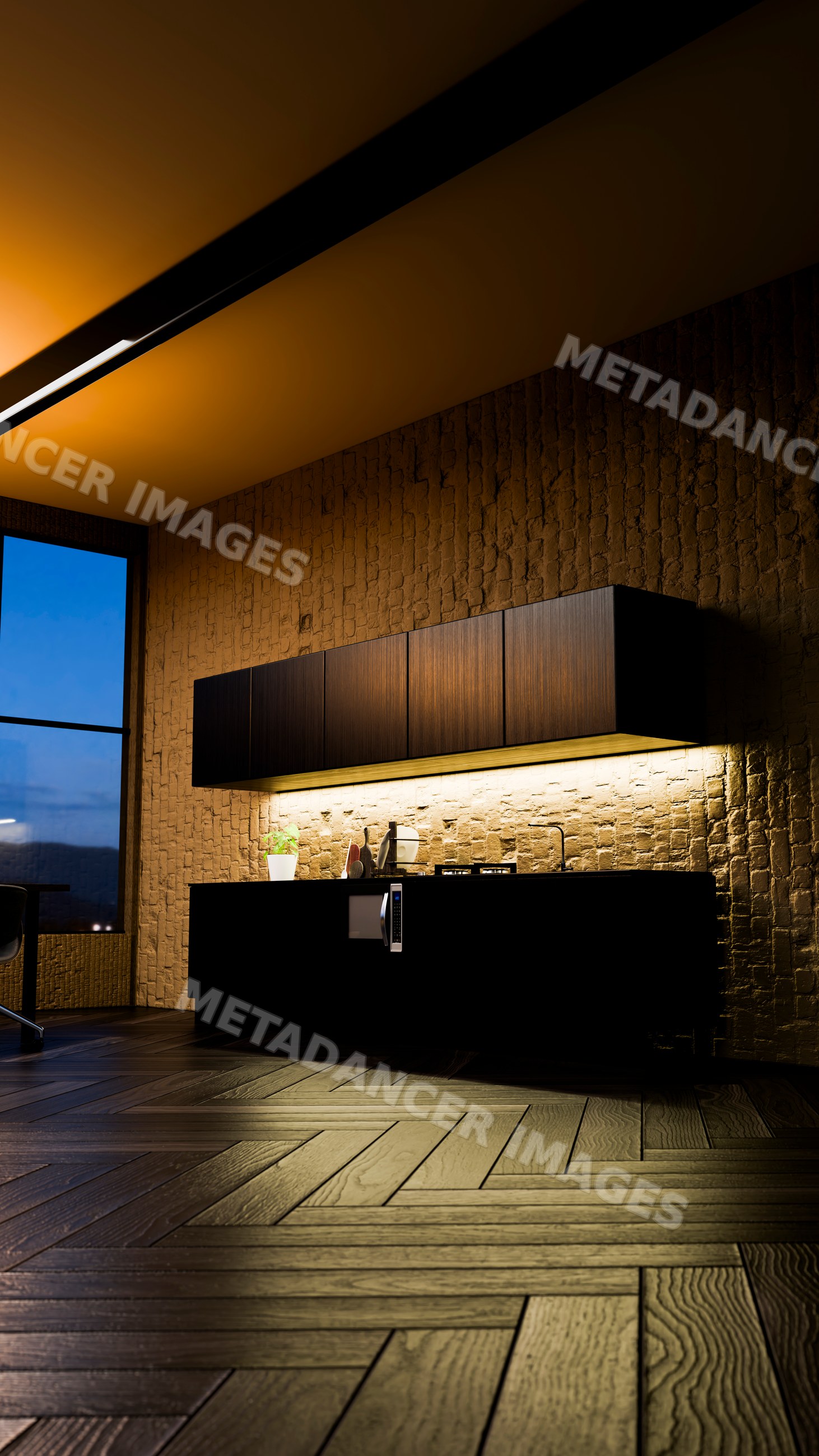 Modern kitchen with floating cabinets, exposed brick wall