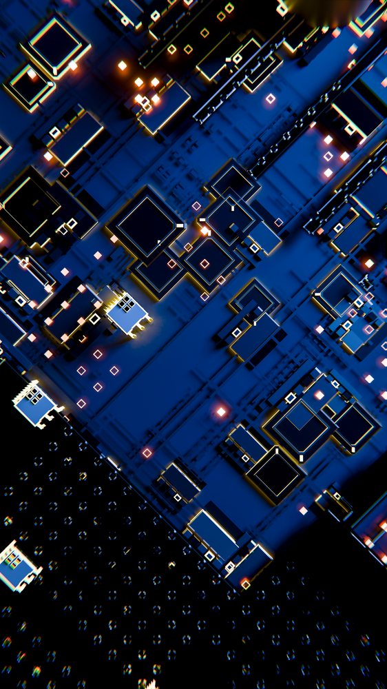 Abstract blue circuit board with glowing microchips and electronic