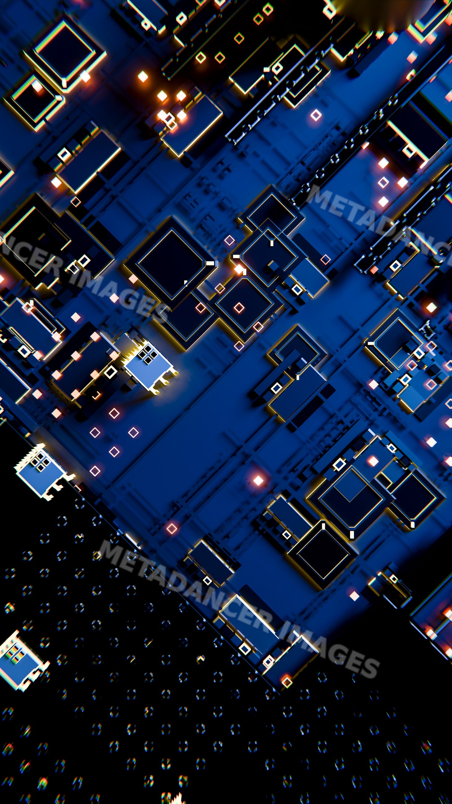 Abstract blue circuit board with glowing microchips and electronic