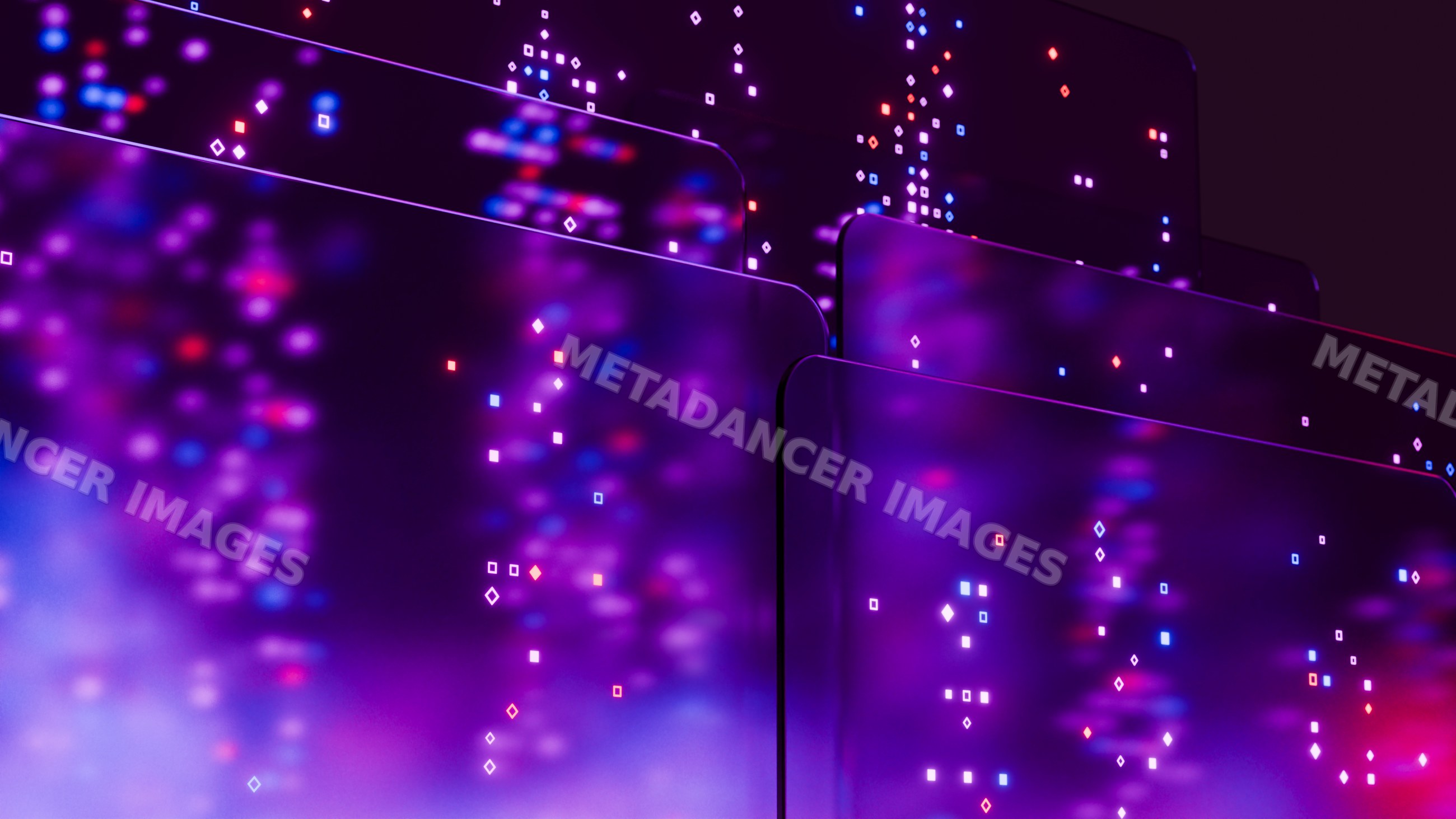 Abstract glowing lights on stacked digital screens