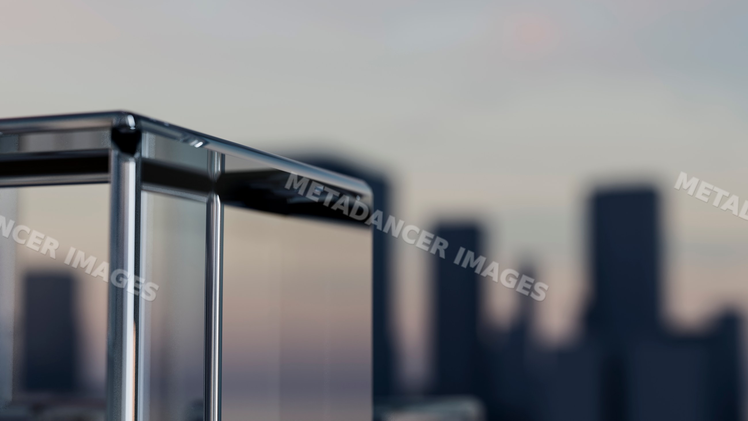 Close-up of metal frame structure with city skyline background