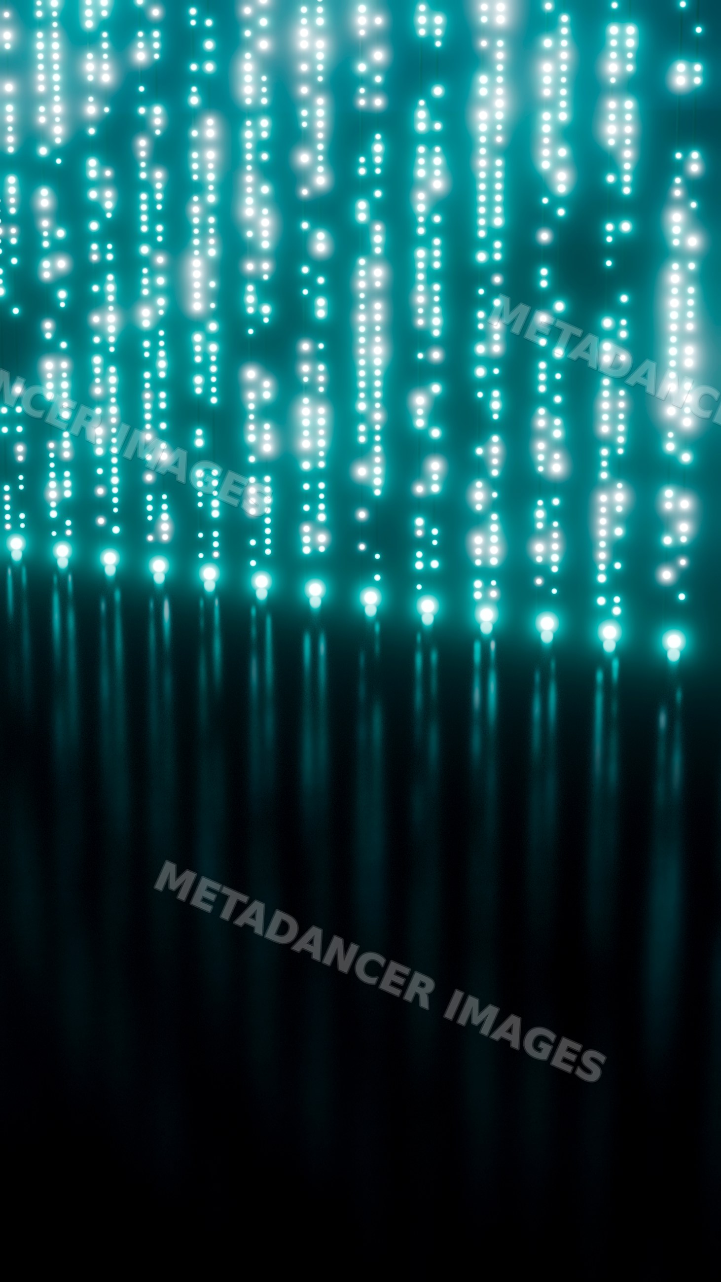Abstract vertical strings of glowing blue light dots with reflections