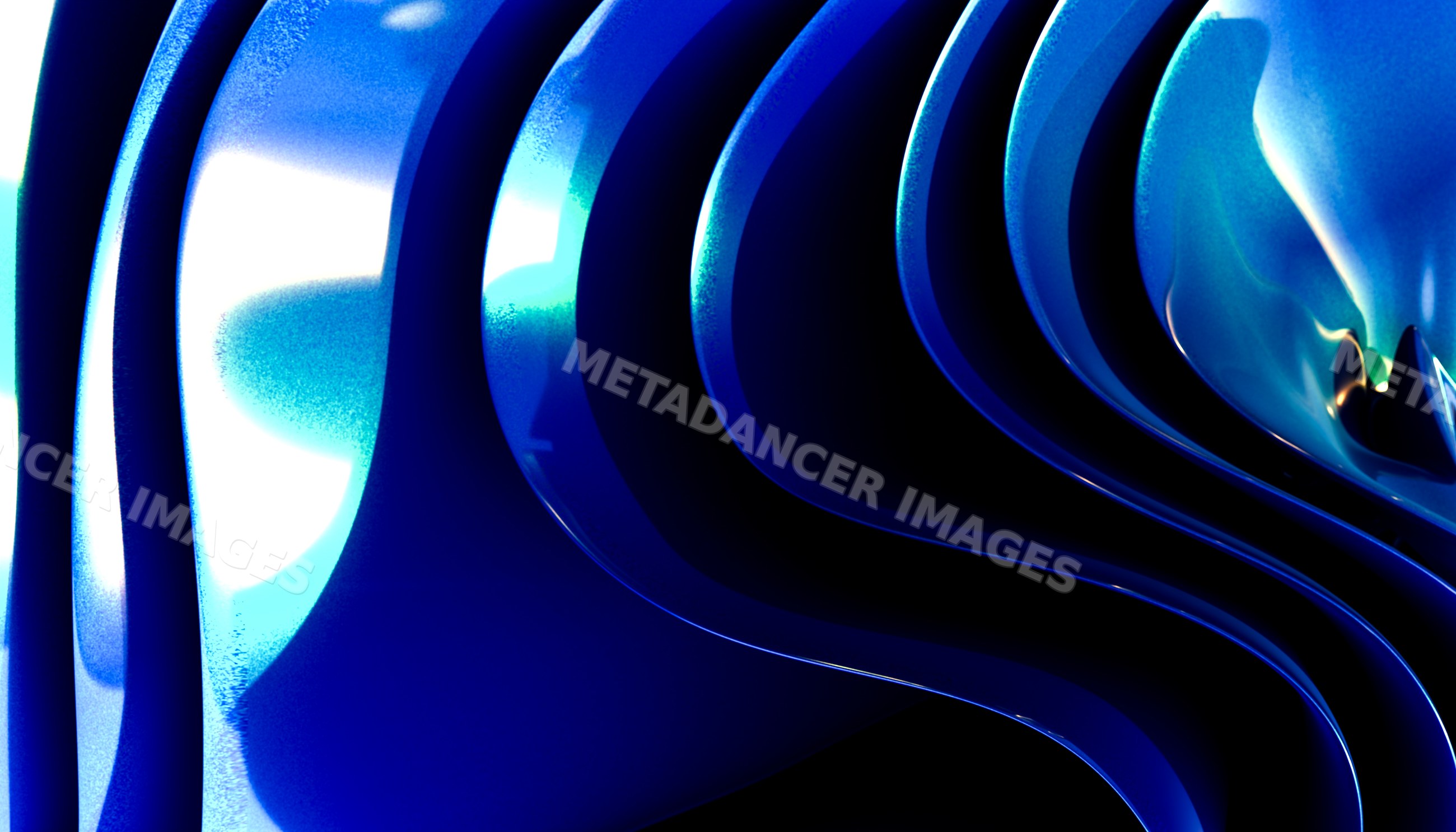 Blue abstract artwork with shiny curved flowing wave-like shapes