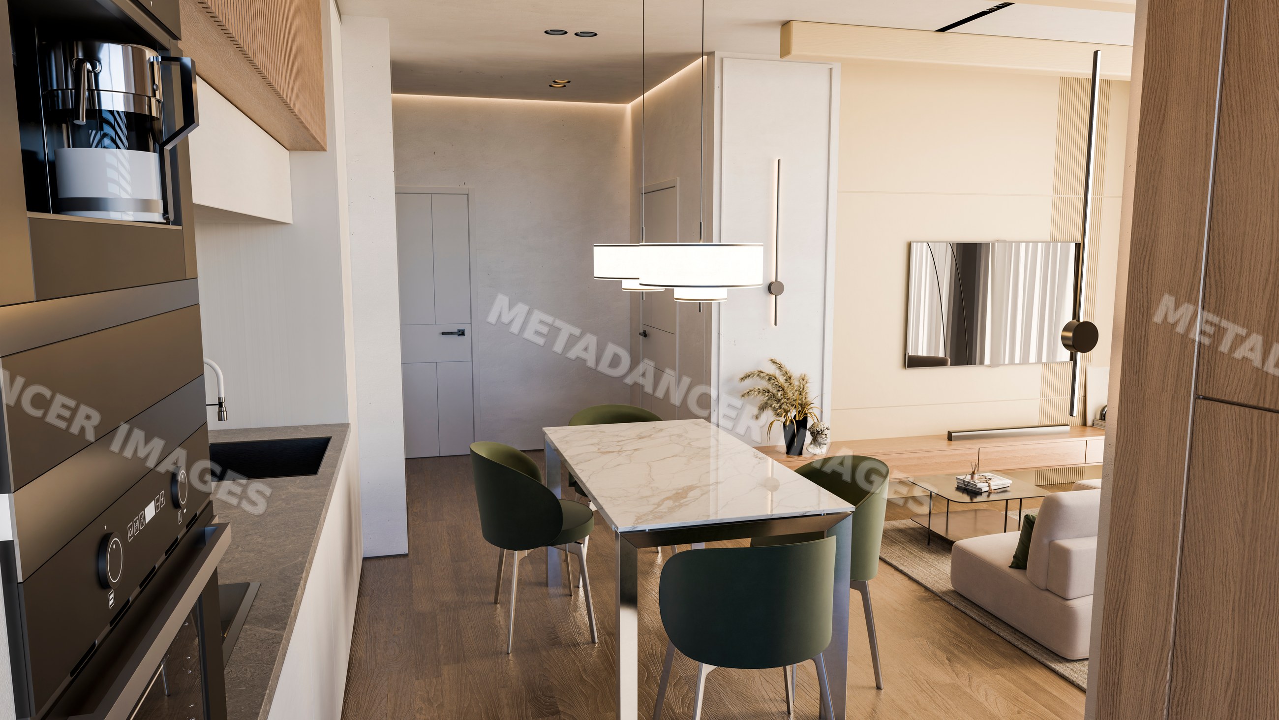 Modern dining area with marble table and green chairs