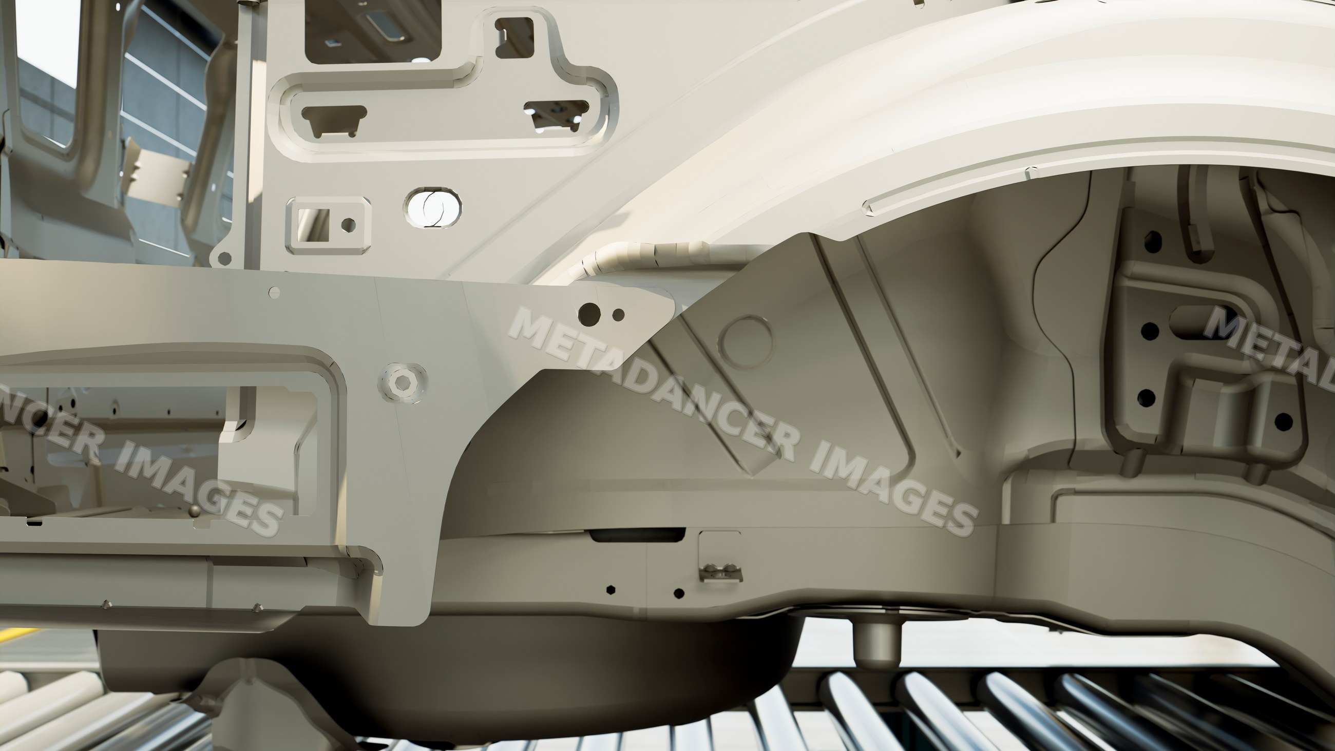 Car metal frame component on conveyor in automotive manufacturing