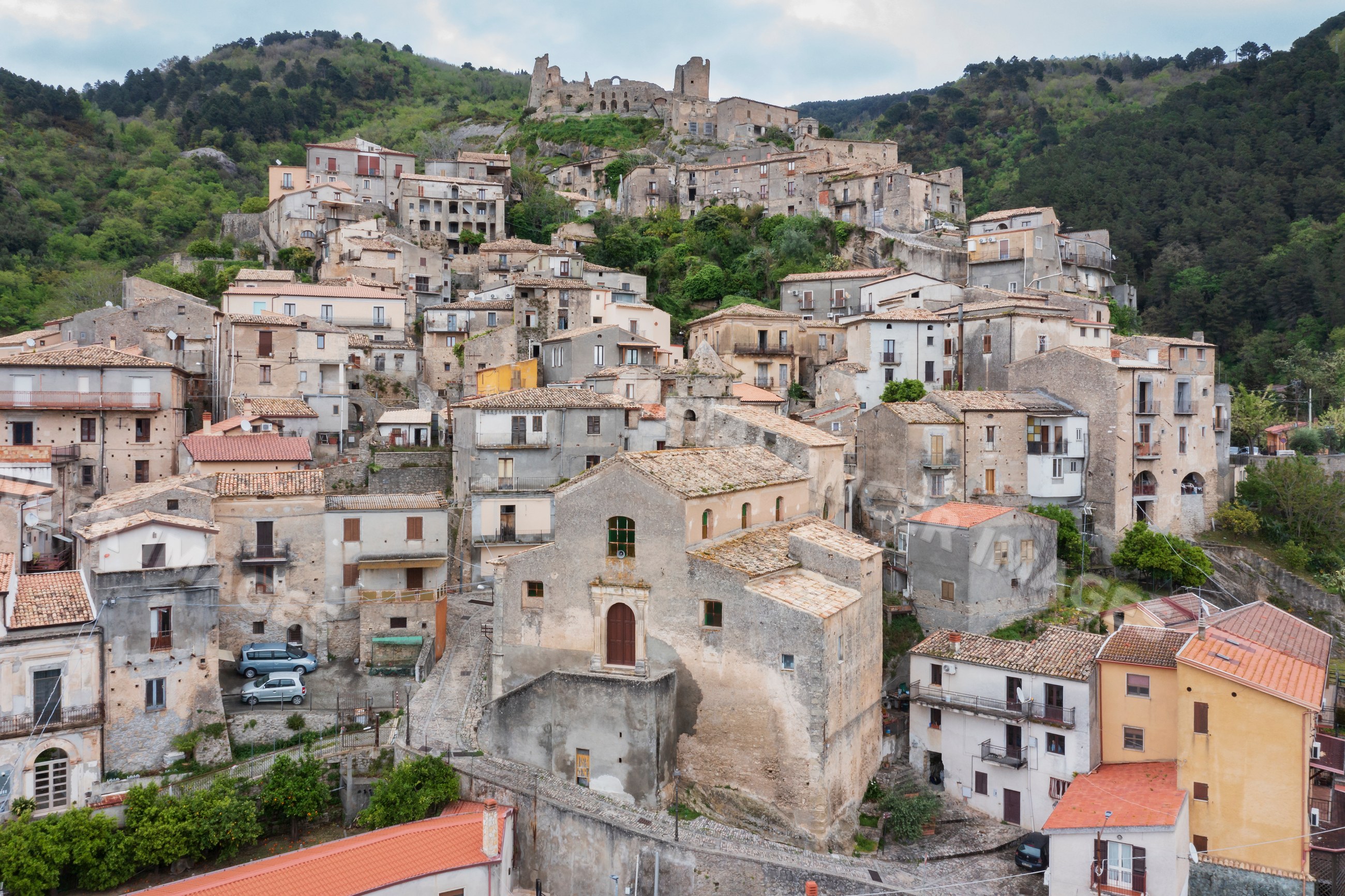Aerial view of the hilltop town of Cleto in calabria Italy