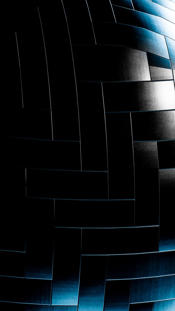 Curved reflective metal tile surface with blue lighting detail