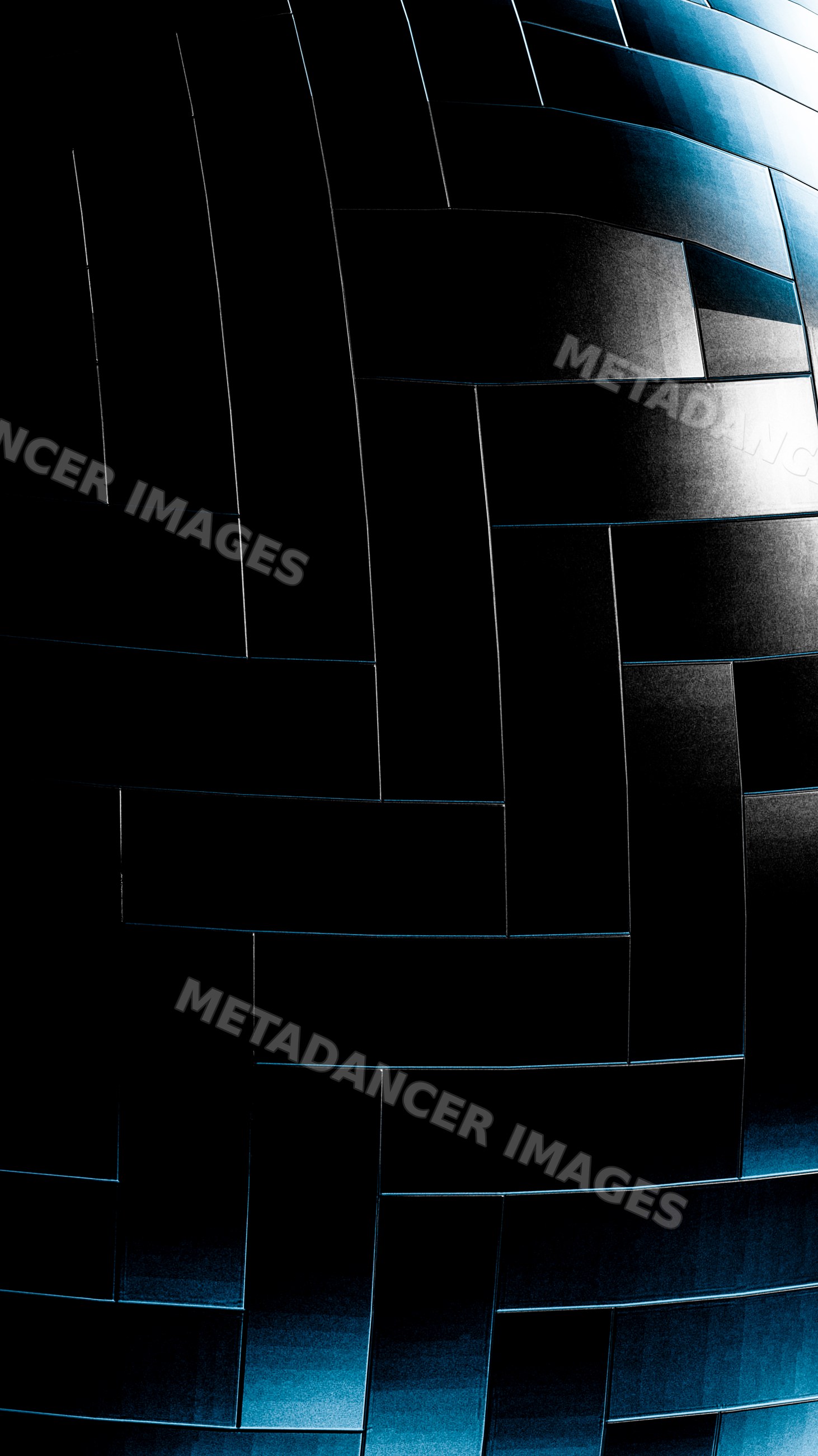 Curved reflective metal tile surface with blue lighting detail