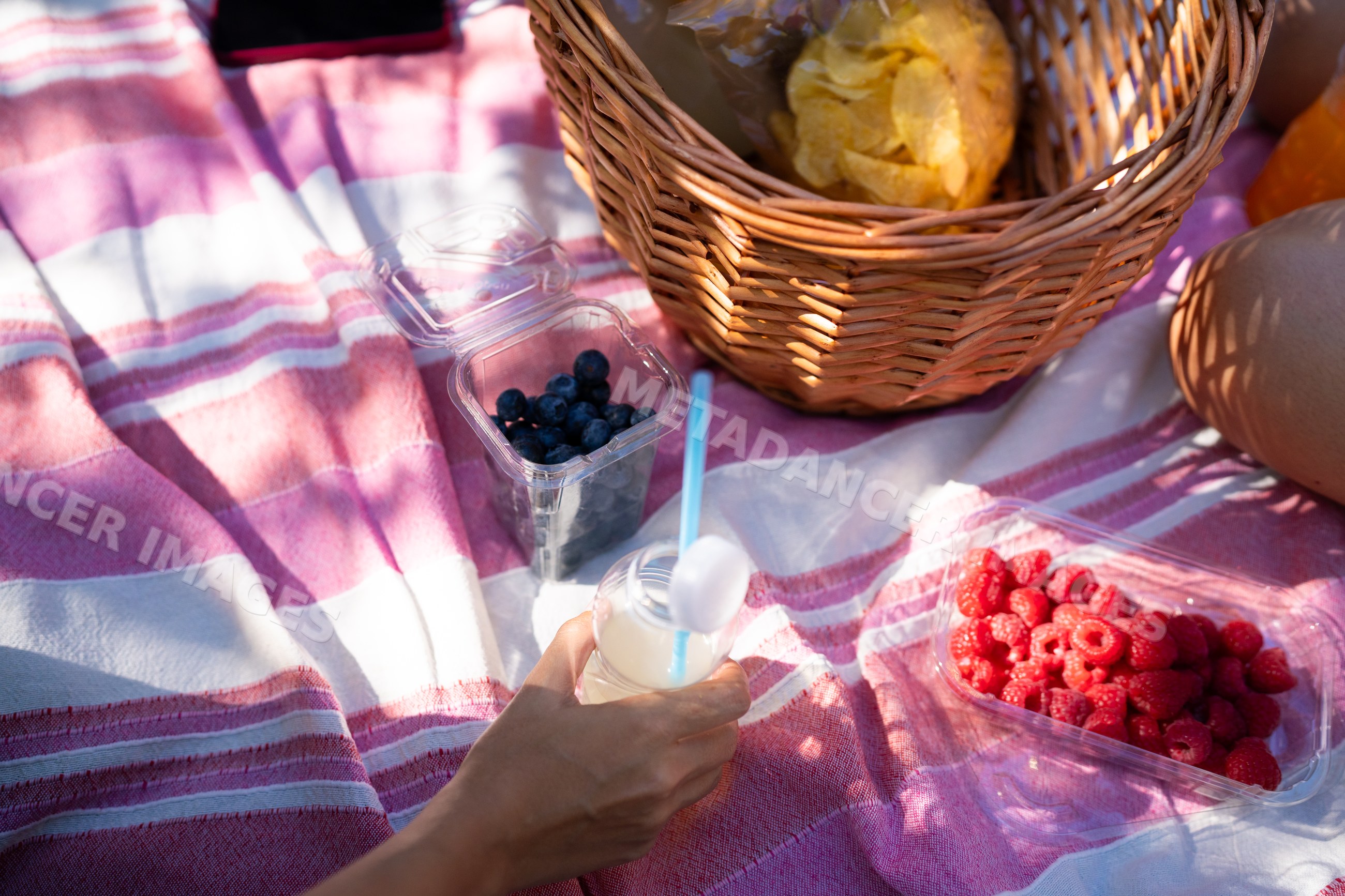 Picnic with drink, berries, and wicker basket on pink striped blanket