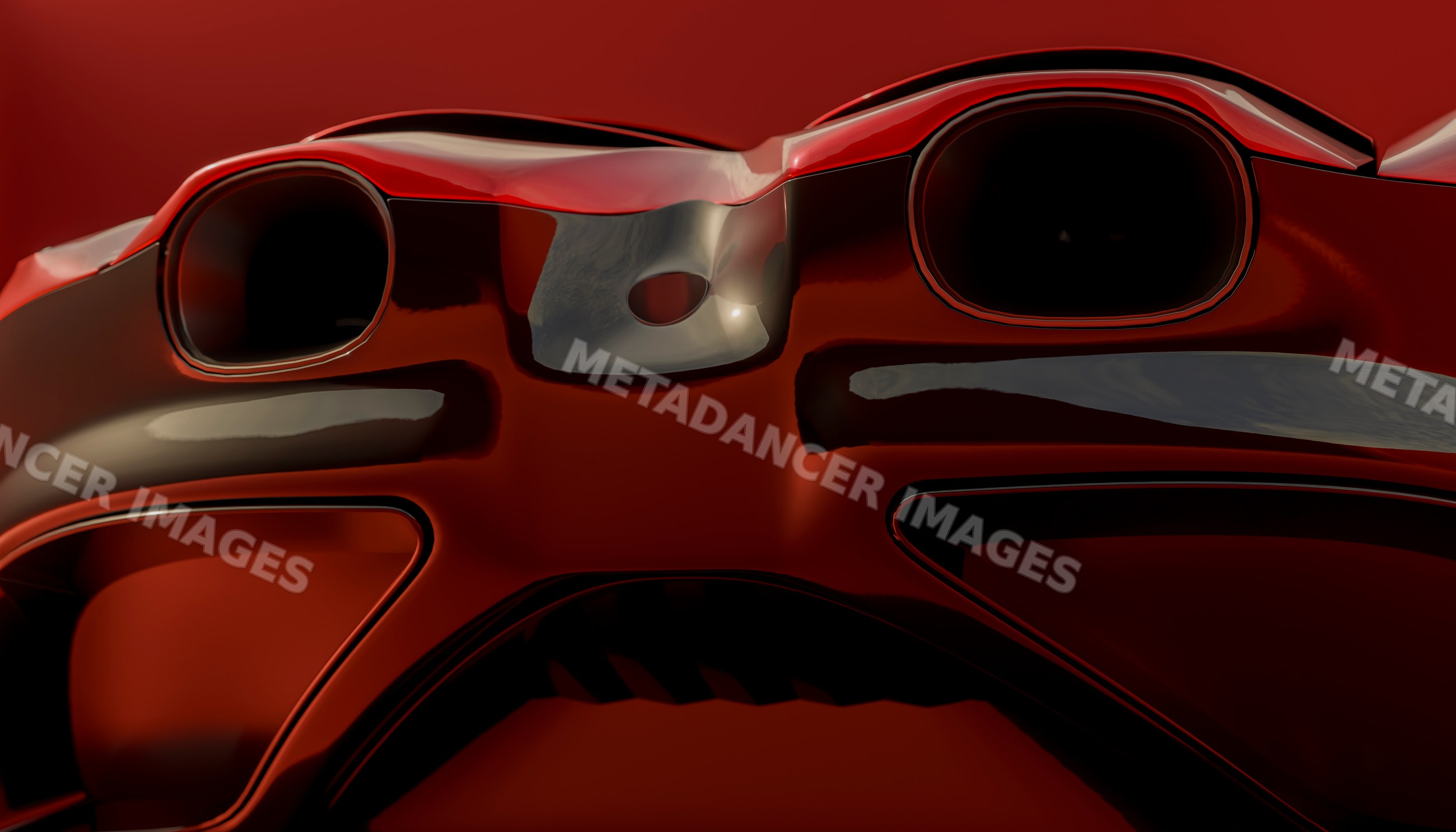 Close-up front view of a red vehicle with shiny headlights and grill