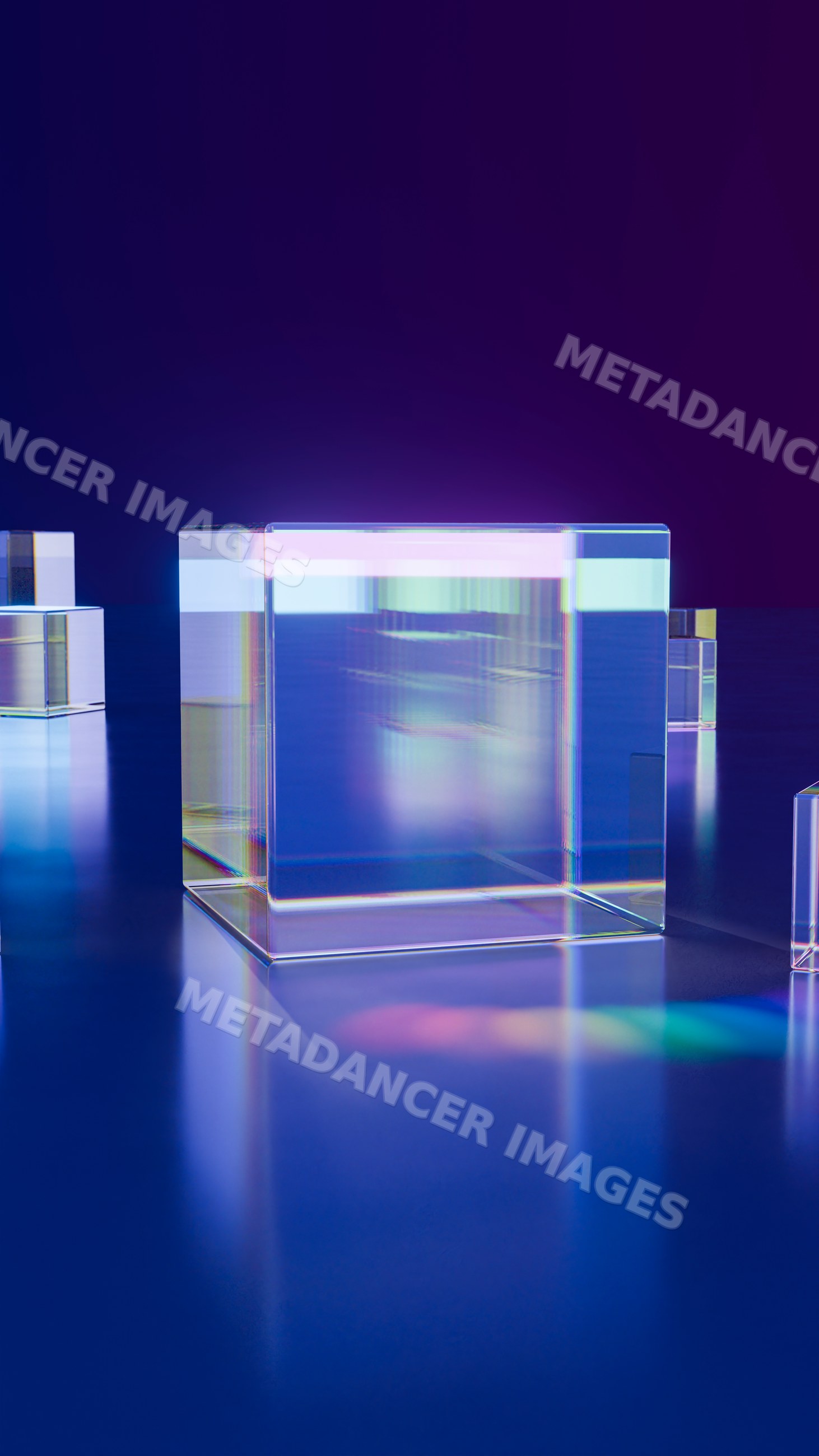 Transparent glass cubes refracting colorful light