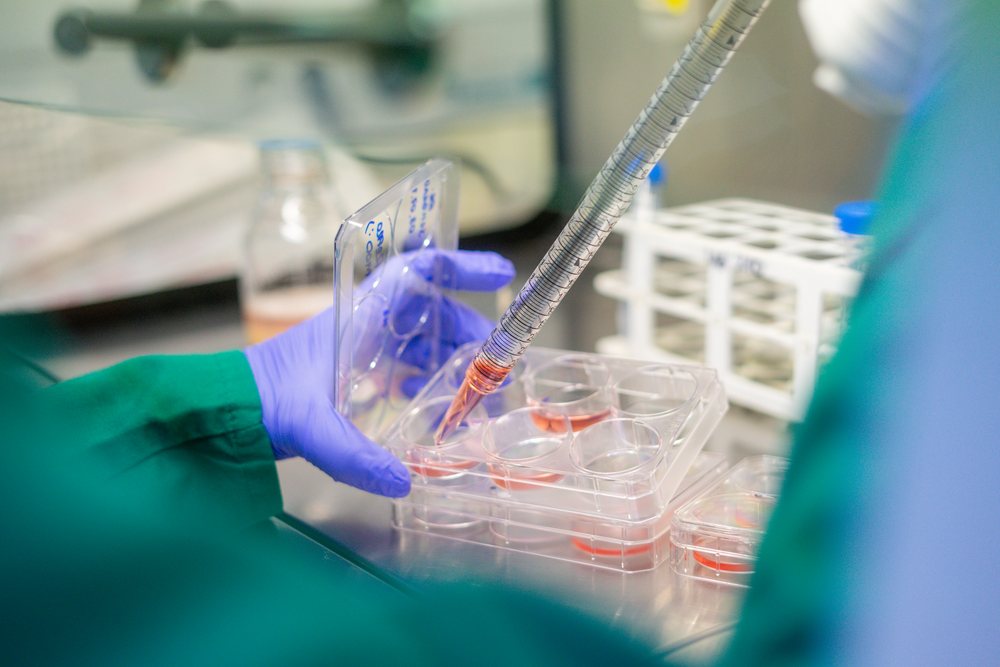 Scientist pipetting liquid into multiwell plate in laboratory research