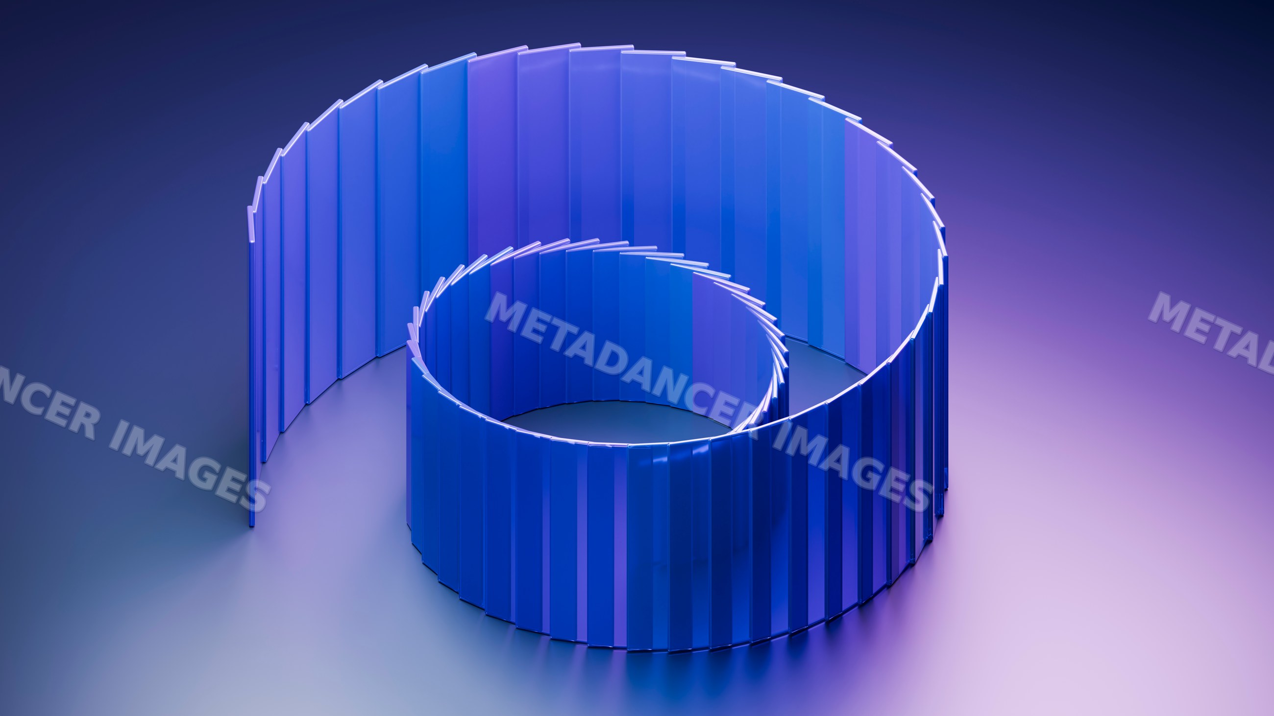 Abstract blue spiral sculpture with curved panels in digital art