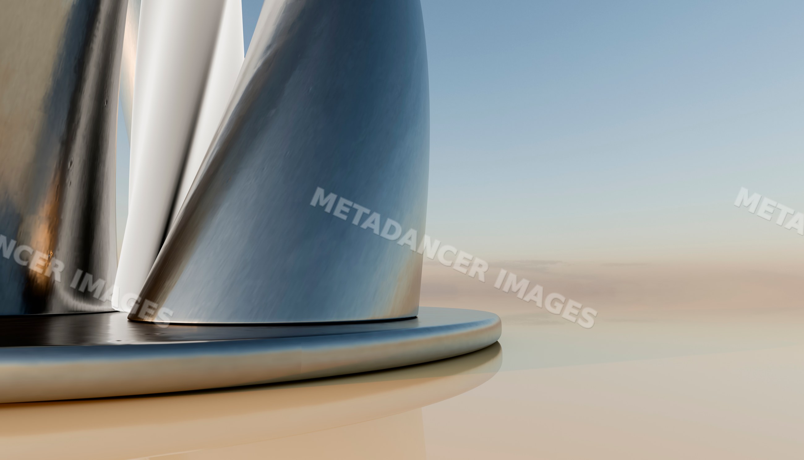 Close-up of a reflective curved metal sculpture with smooth shiny