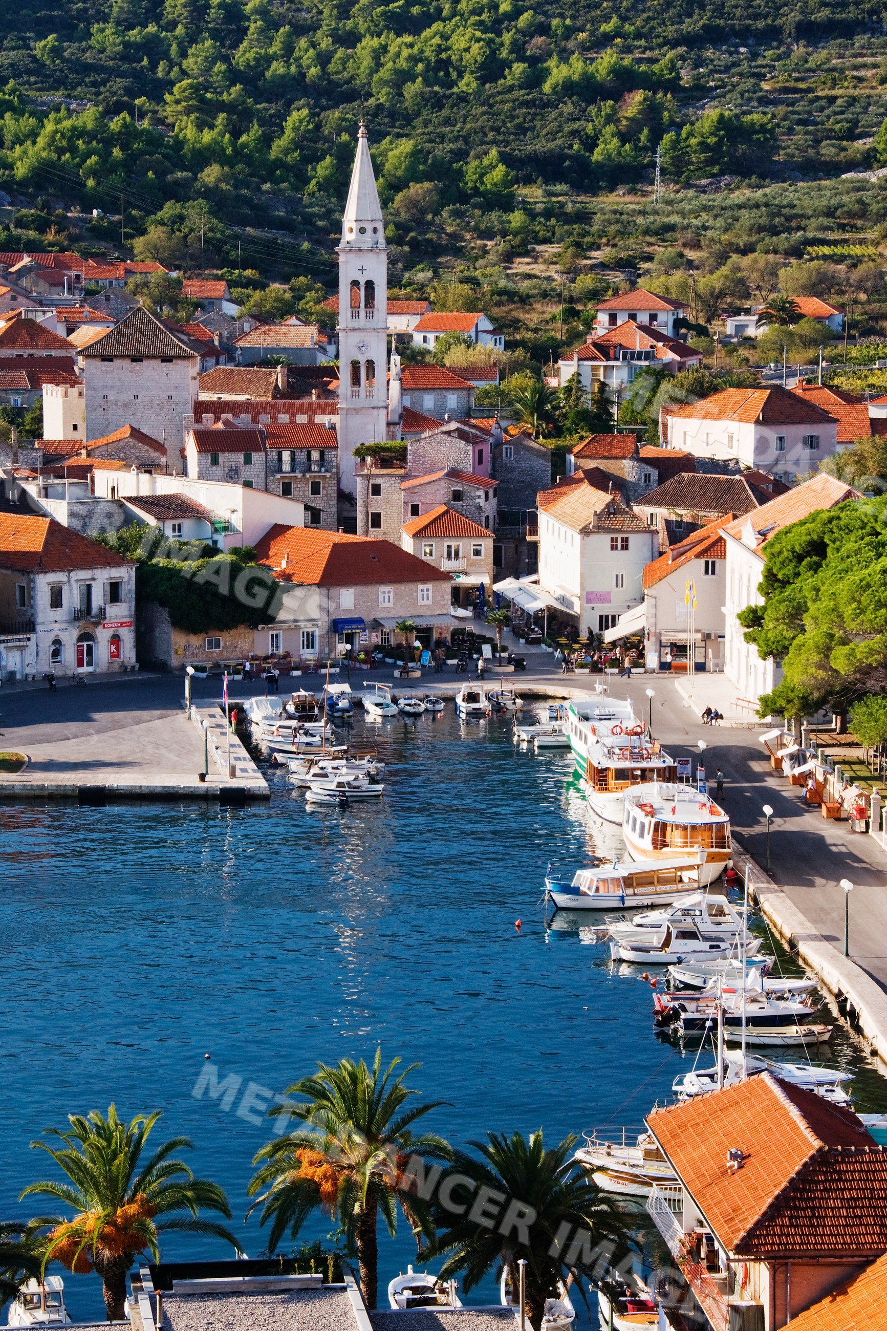 Harbor and townscape of hvar island with boats docked