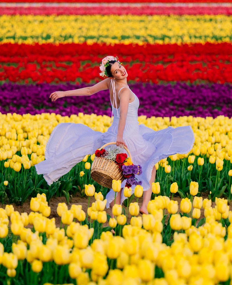 Ballet dancer twirling in white dress with basket of flowers in tulip