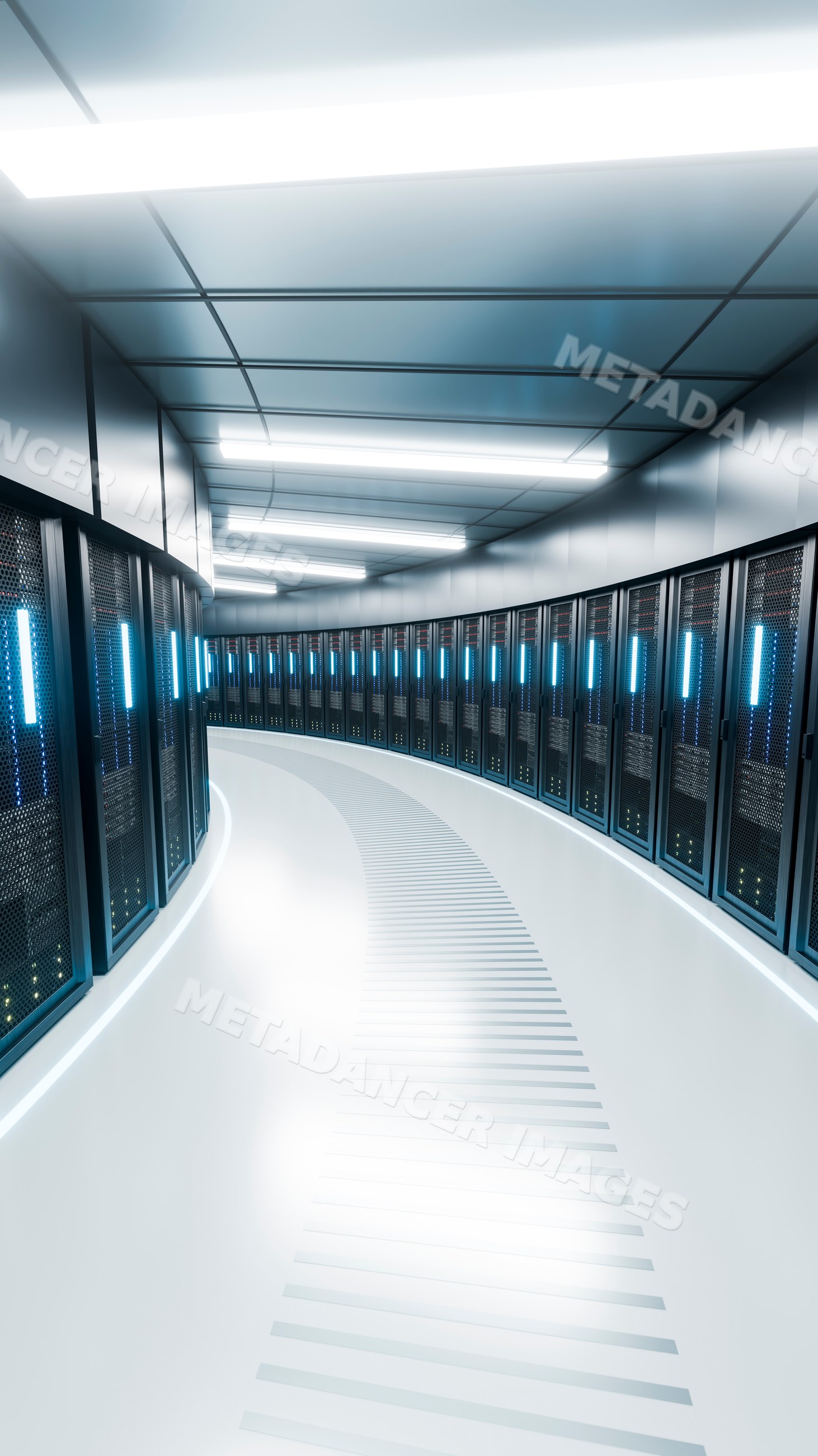Curved data center corridor filled with network server racks