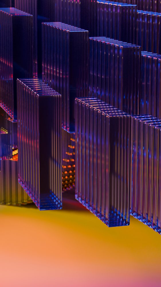 Abstract blue glass rectangular blocks with reflective surfaces