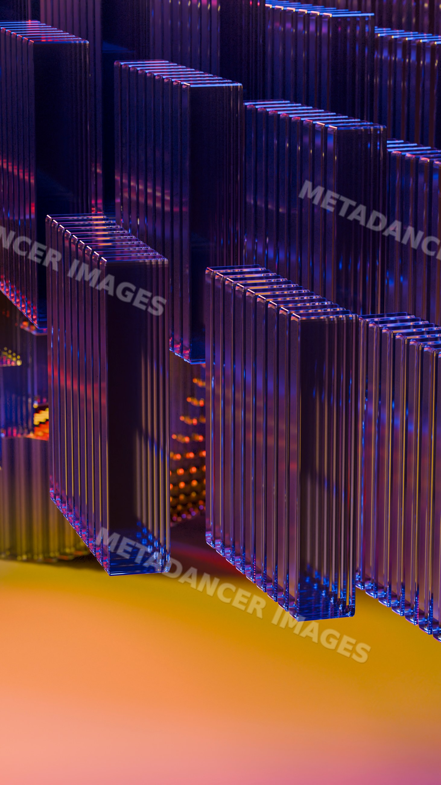 Abstract blue glass rectangular blocks with reflective surfaces