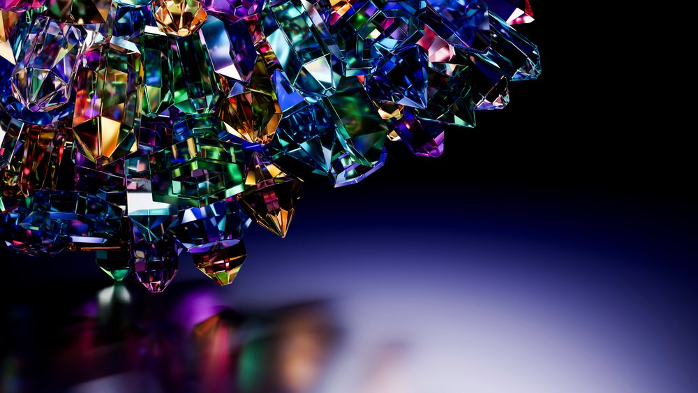 Colorful faceted crystal cluster with vibrant reflections