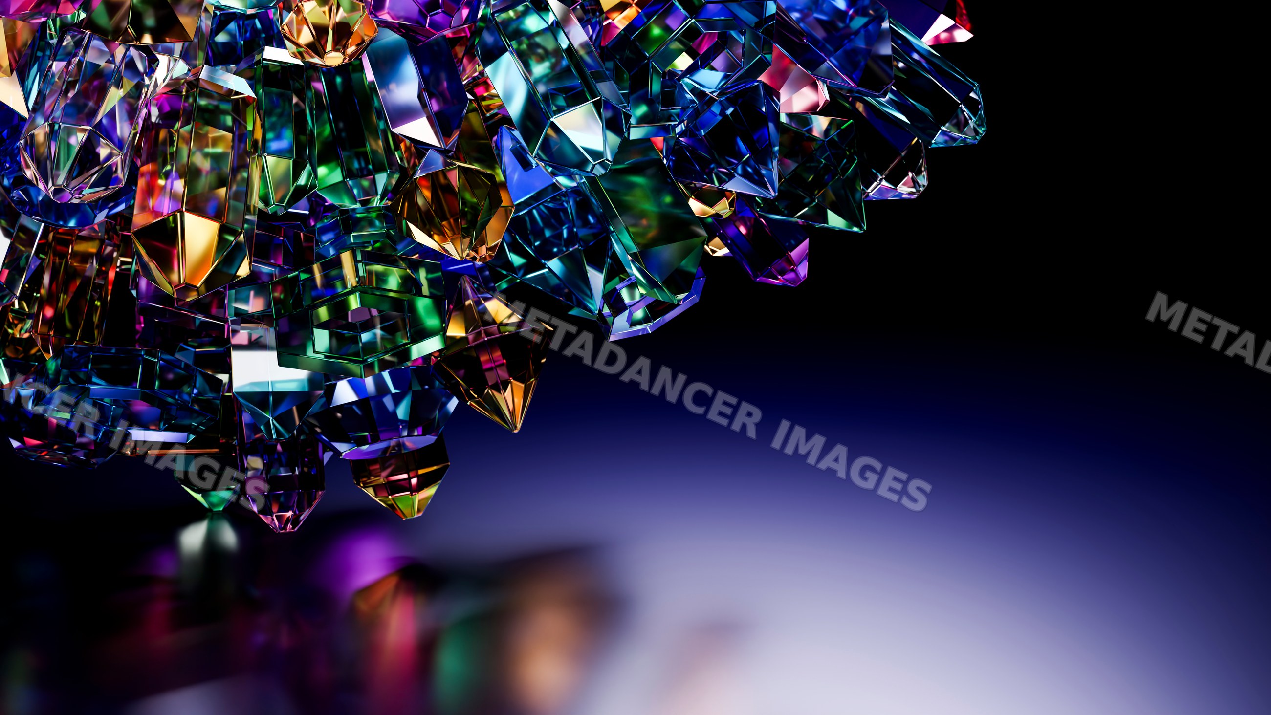 Colorful faceted crystal cluster with vibrant reflections