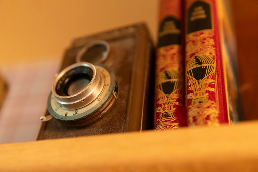 A vintage camera and decorative books displayed on a wooden shelf