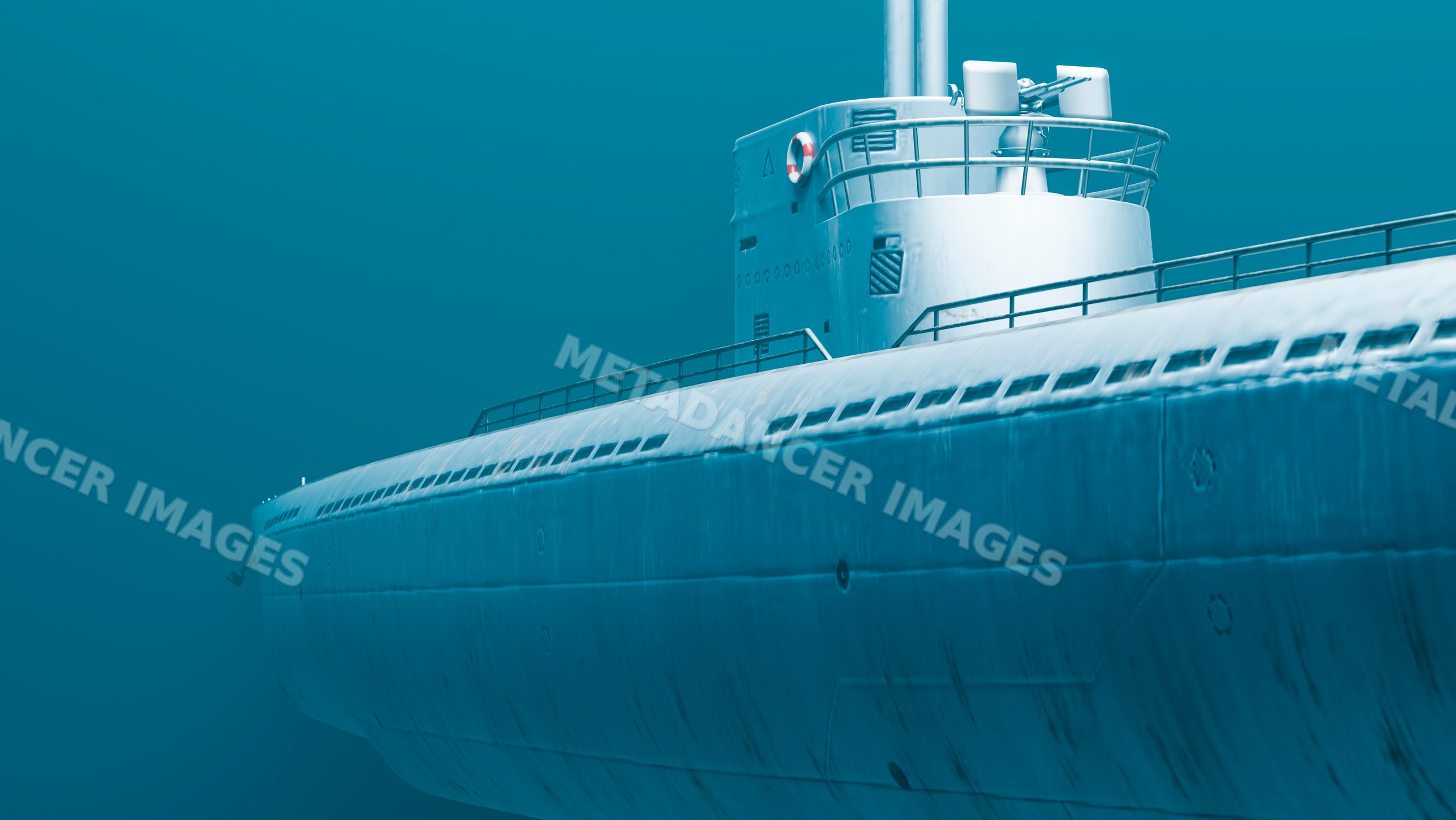Submarine hull and conning tower underwater in ocean