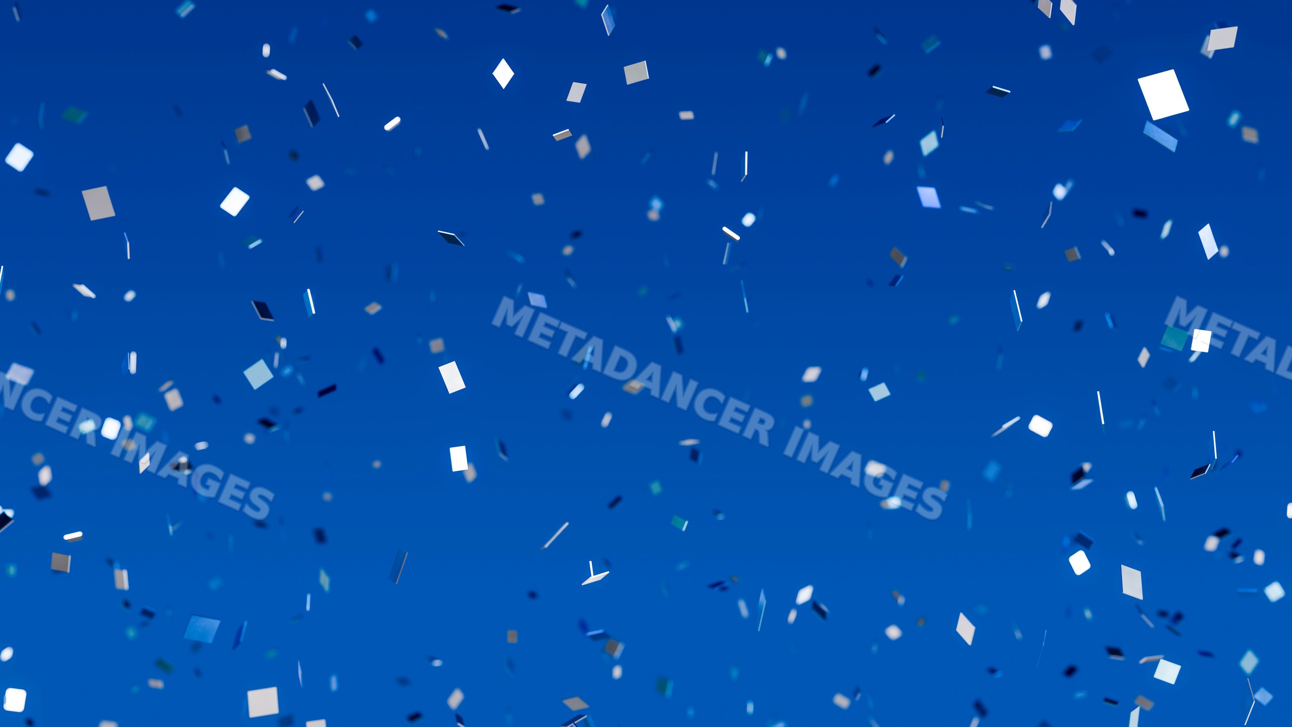 Colorful confetti scattered on a vibrant blue background