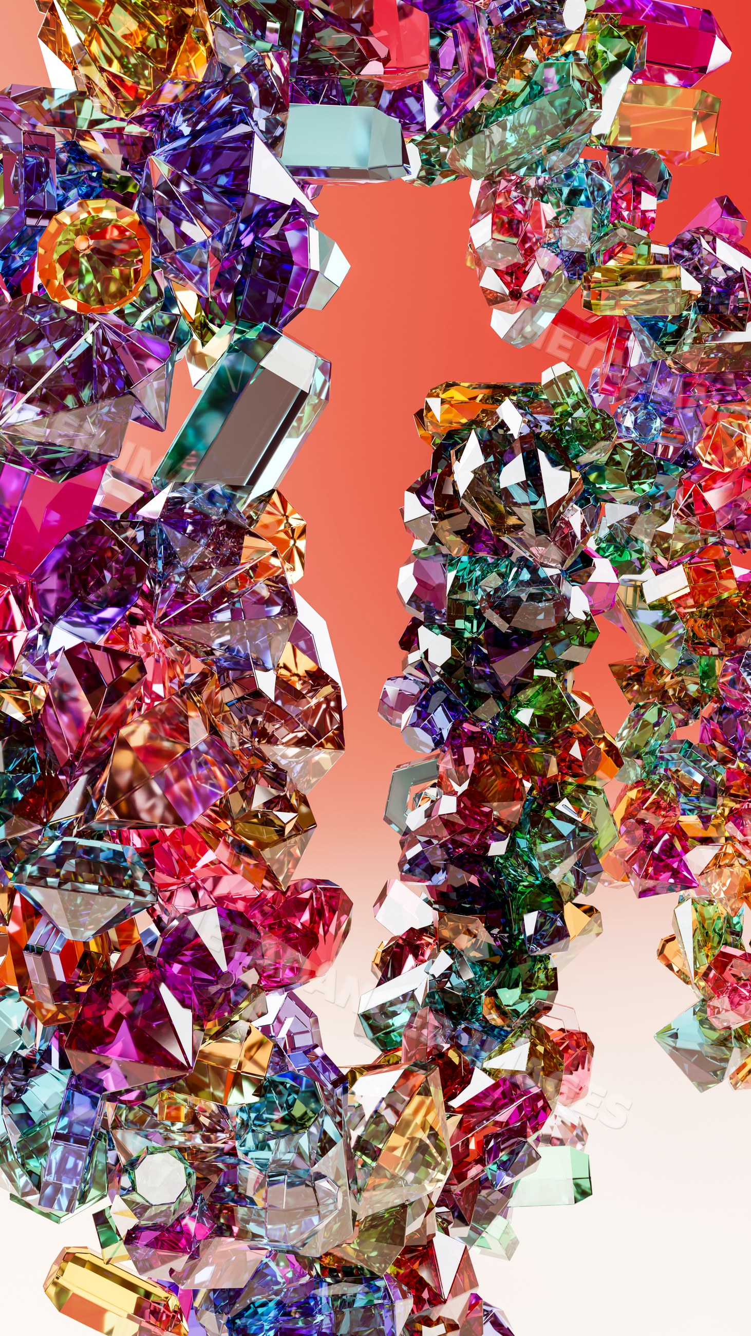 Colorful faceted crystals in abstract 3d composition