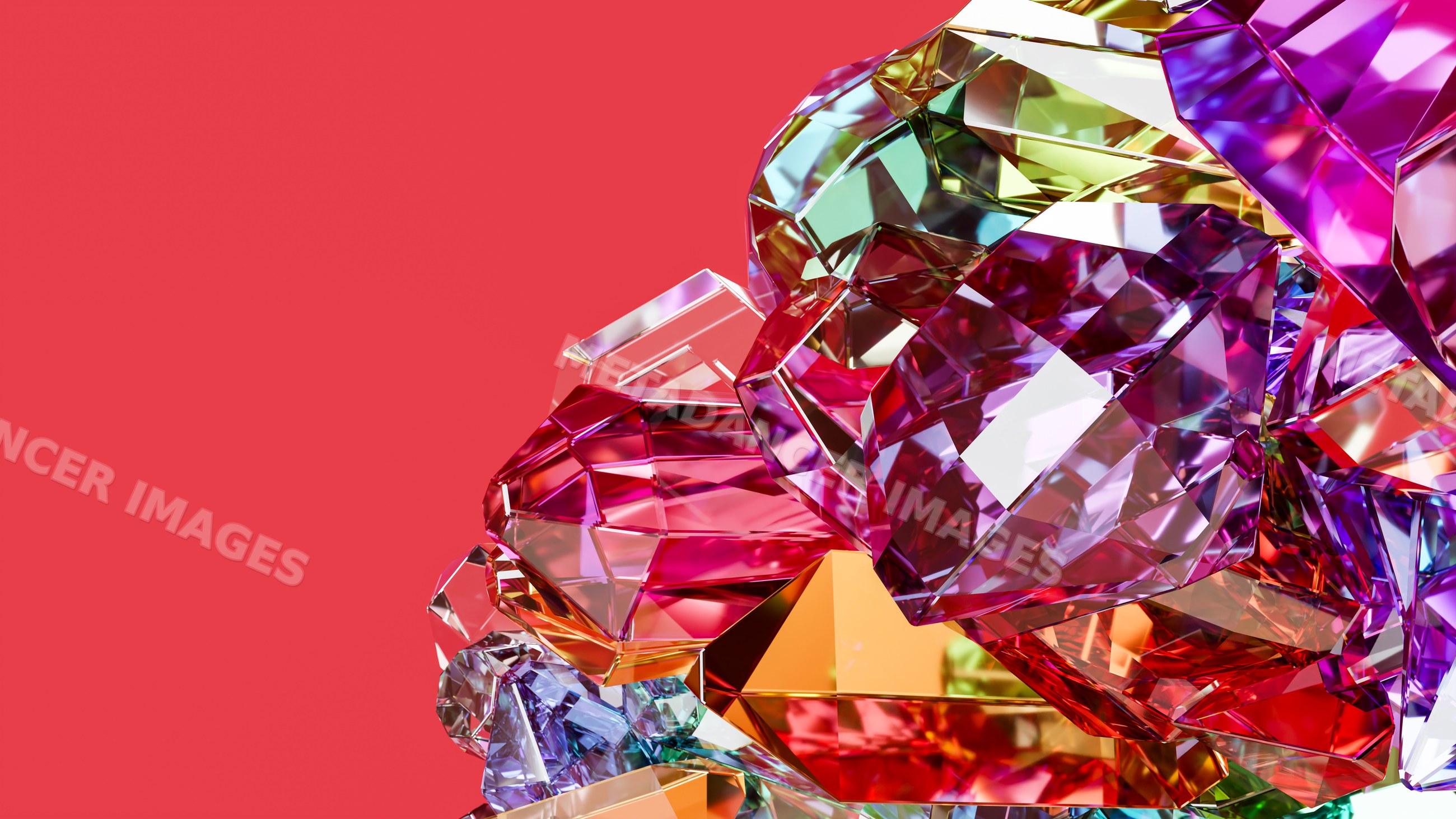 Colorful faceted gems clustered on red background digital illustration