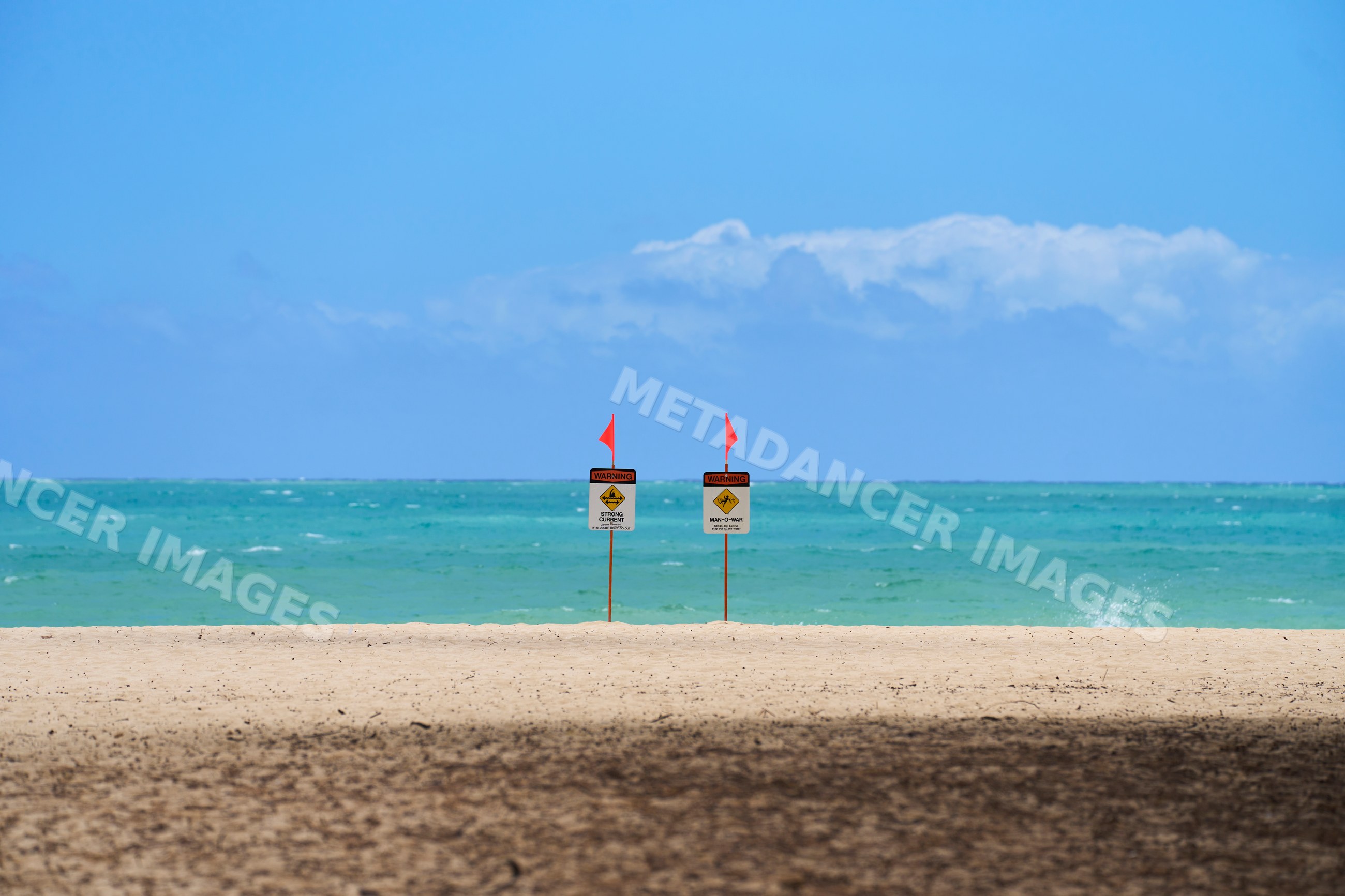 Beach with warning signs and red flags near turquoise ocean in Hawaii