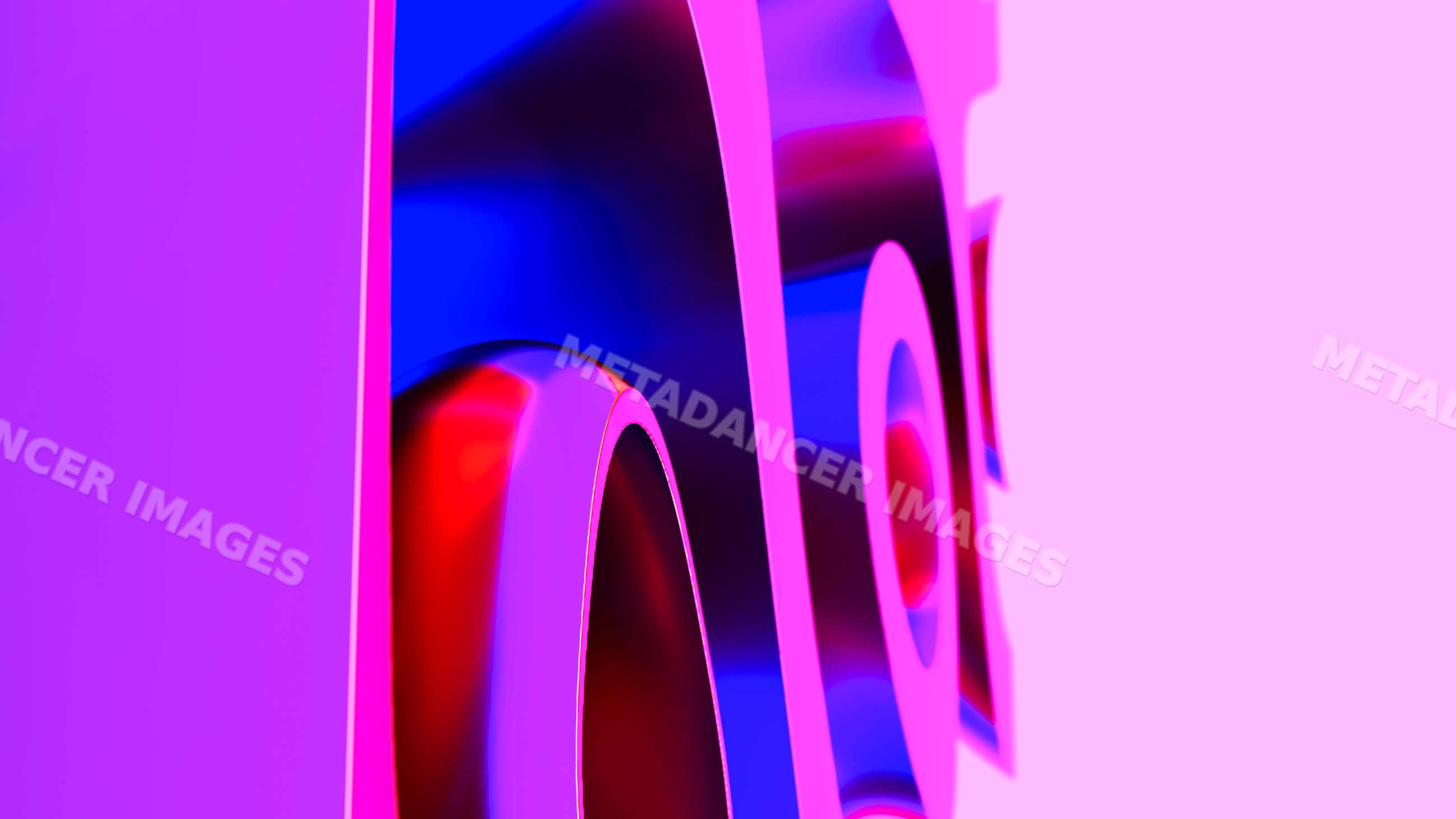 Abstract geometric shapes illuminated by vibrant blue and pink light