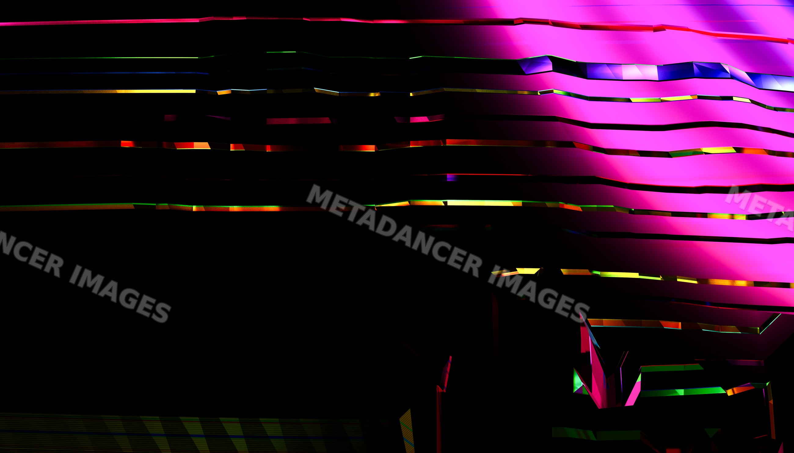 Abstract digital art with vibrant neon geometric shapes on dark