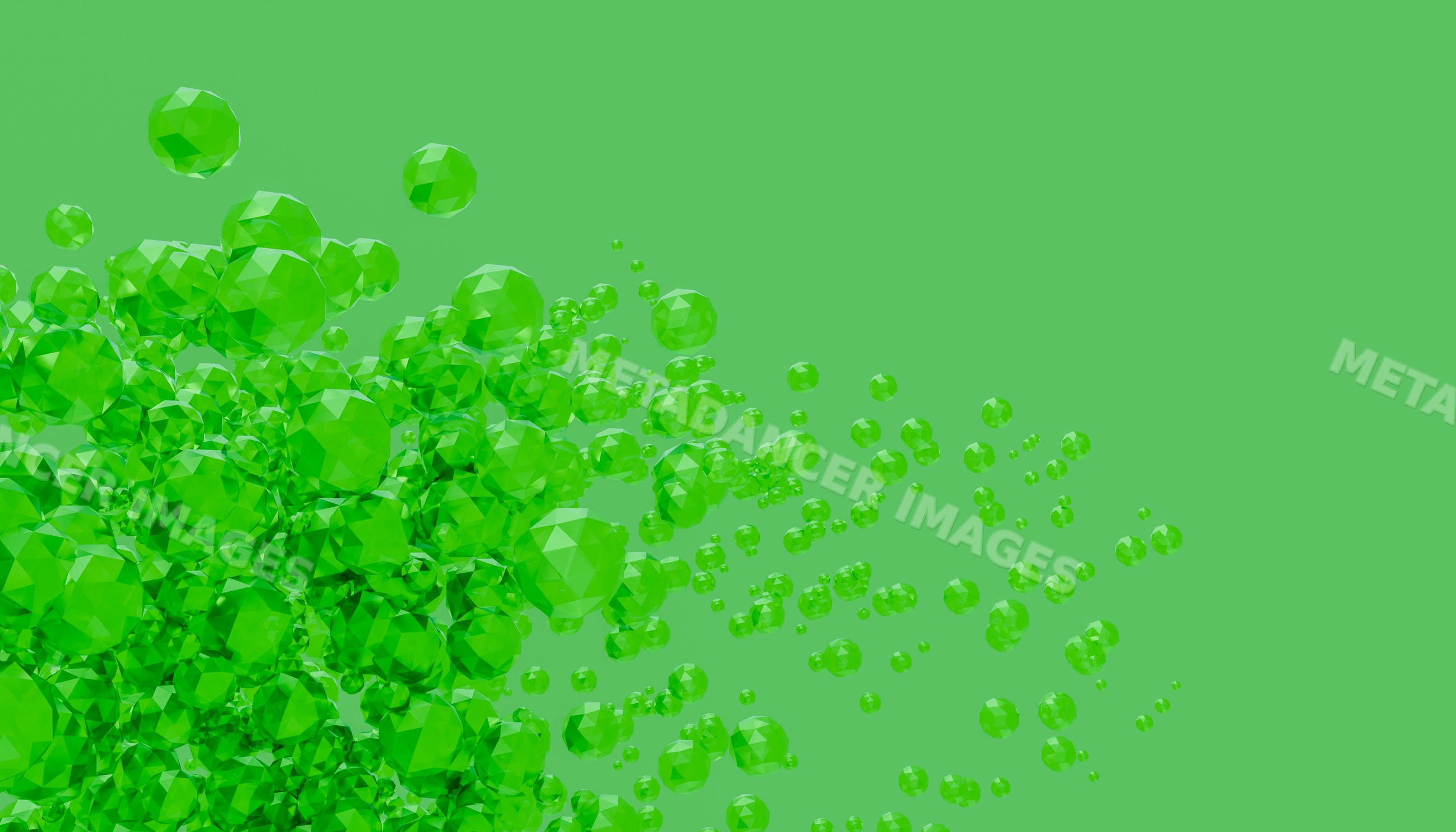 Cluster of green translucent geometric spheres on green background