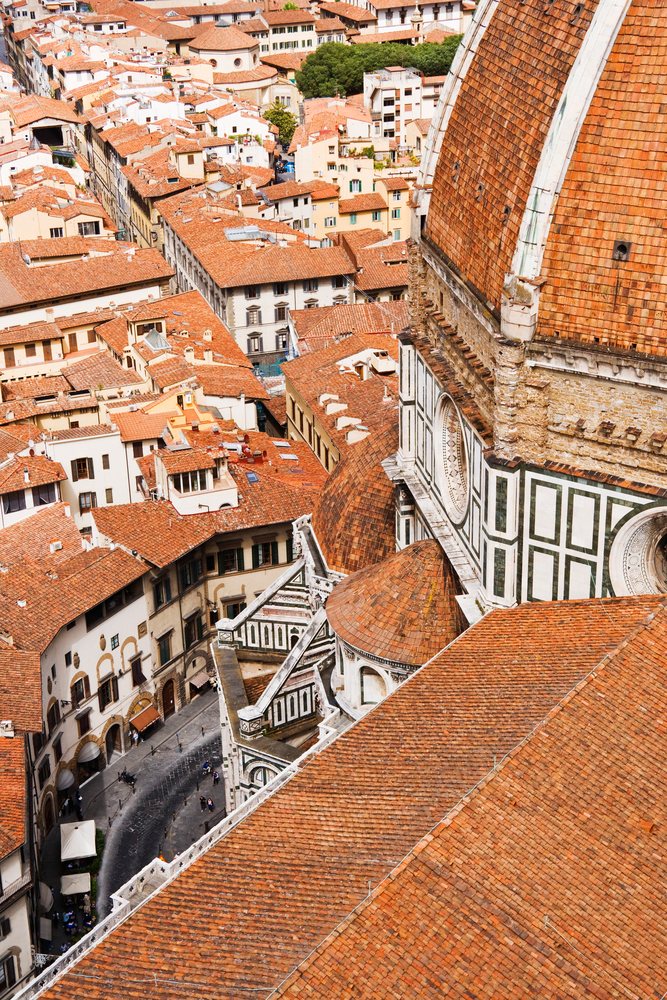 View over rooftops and historic buildings near the duomo, italy