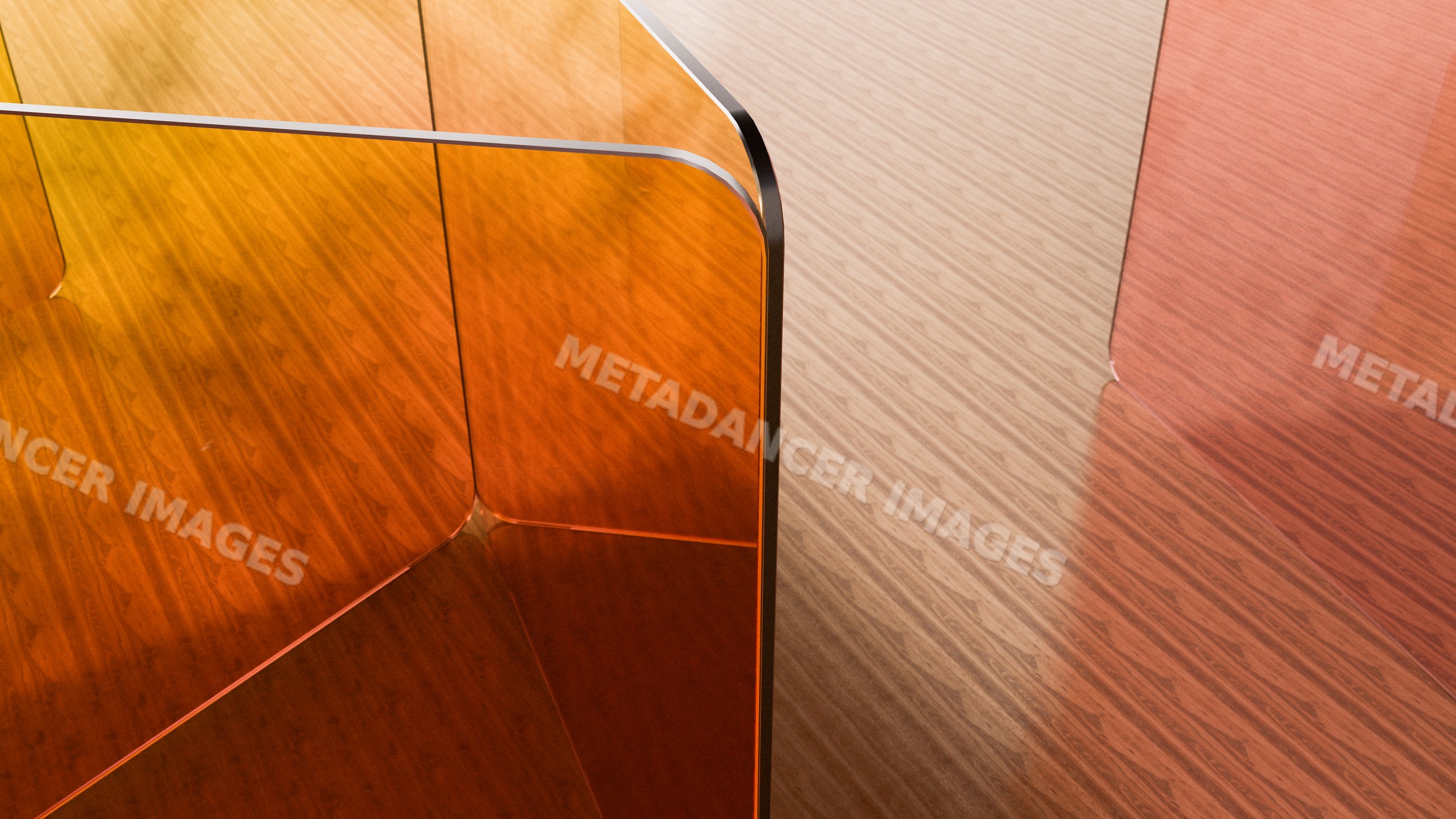 Orange acrylic partition panels with curved edges reflecting on wood