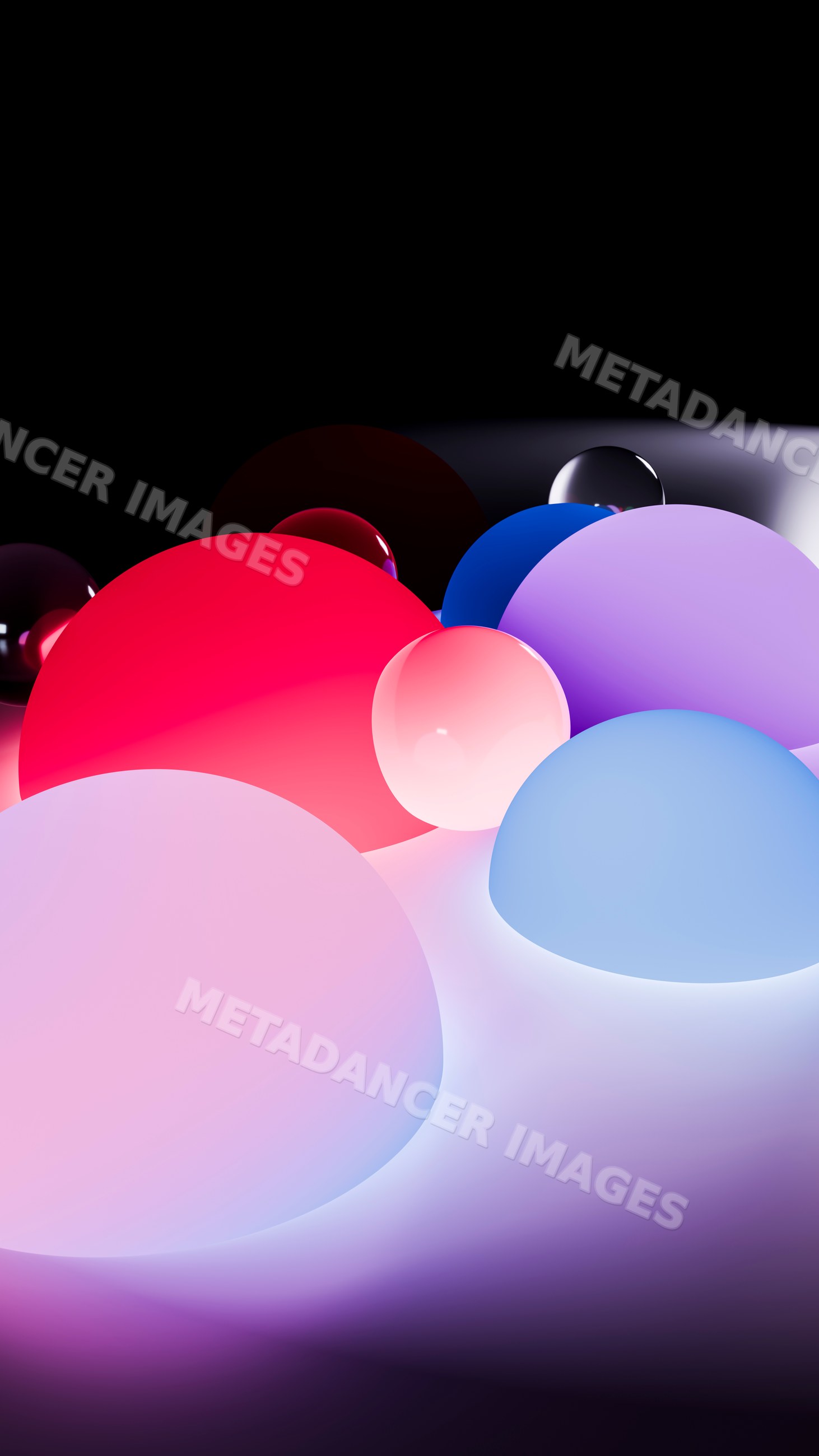 Colorful glowing 3d spheres clustered on reflective surface