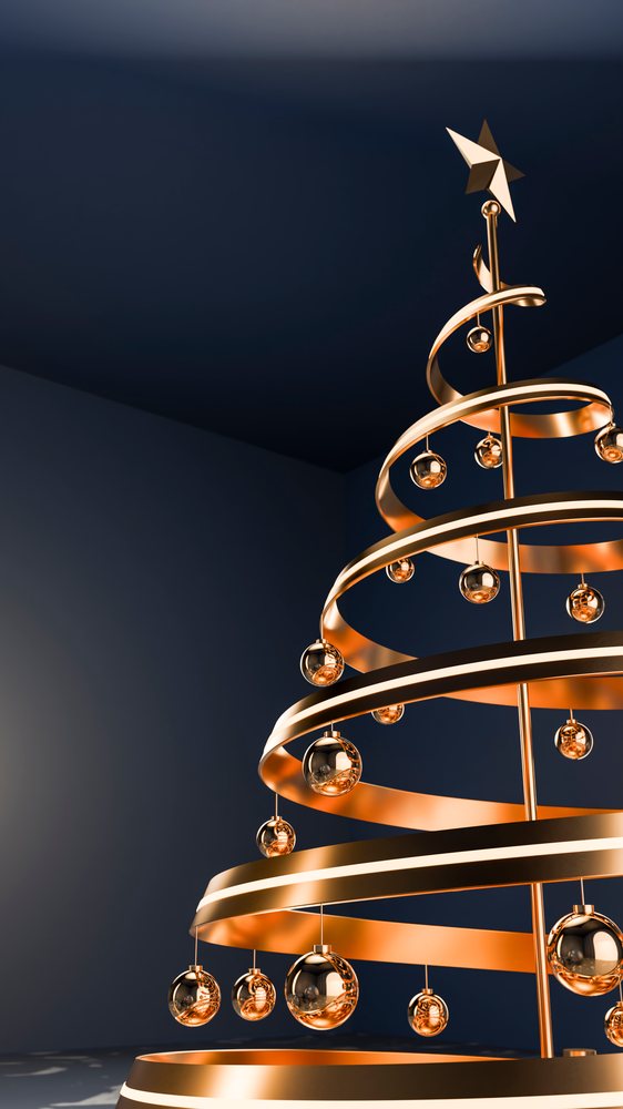 Modern gold spiral christmas tree decoration with ornaments