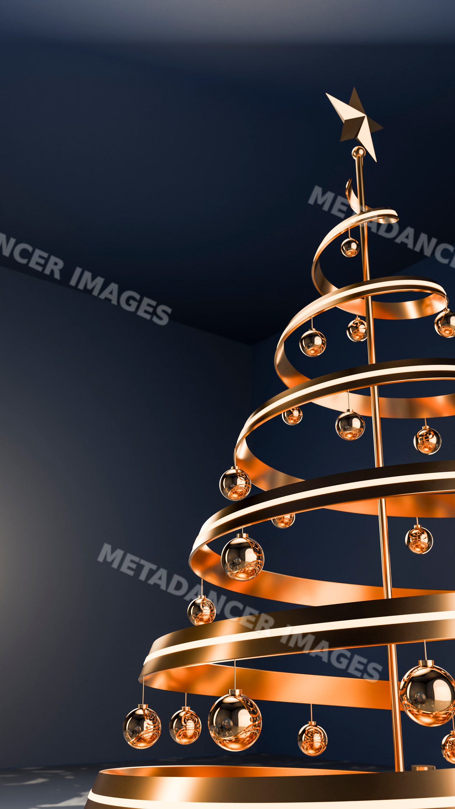Modern gold spiral christmas tree decoration with ornaments