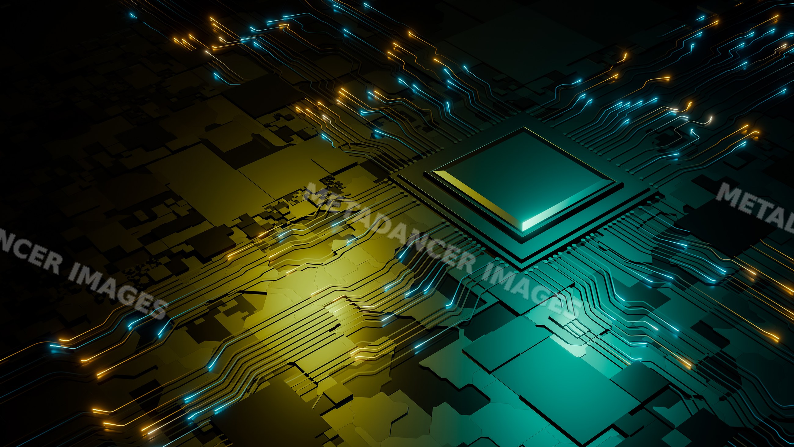 Microchip on abstract circuit board with glowing digital lines