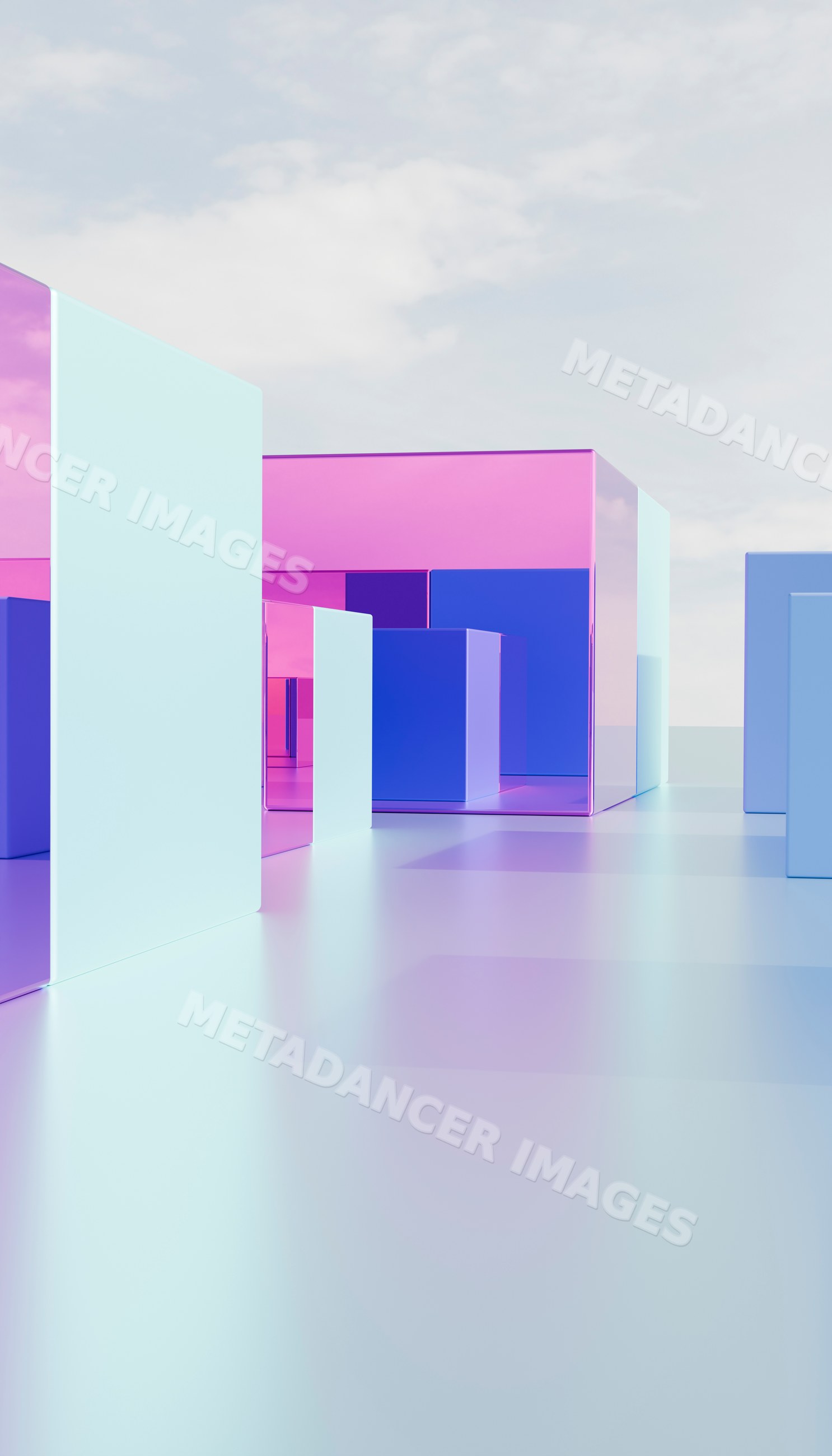 Abstract modern architecture with reflective pastel-colored cubes