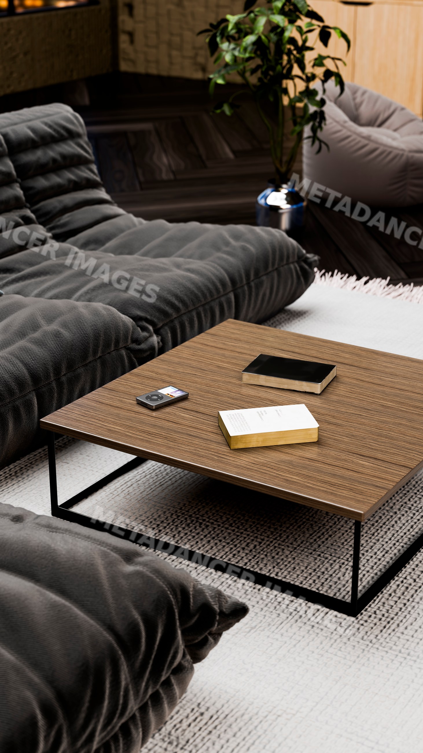 Modern living room with wood coffee table and gray tufted sofas